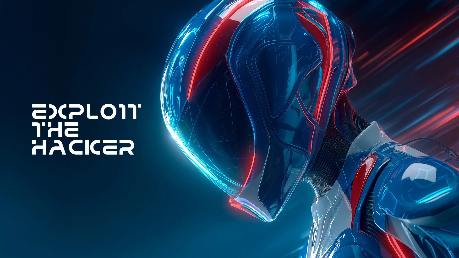 Portada de Exploit the Hacker con el casco del personaje principal iluminado en rojo y azul