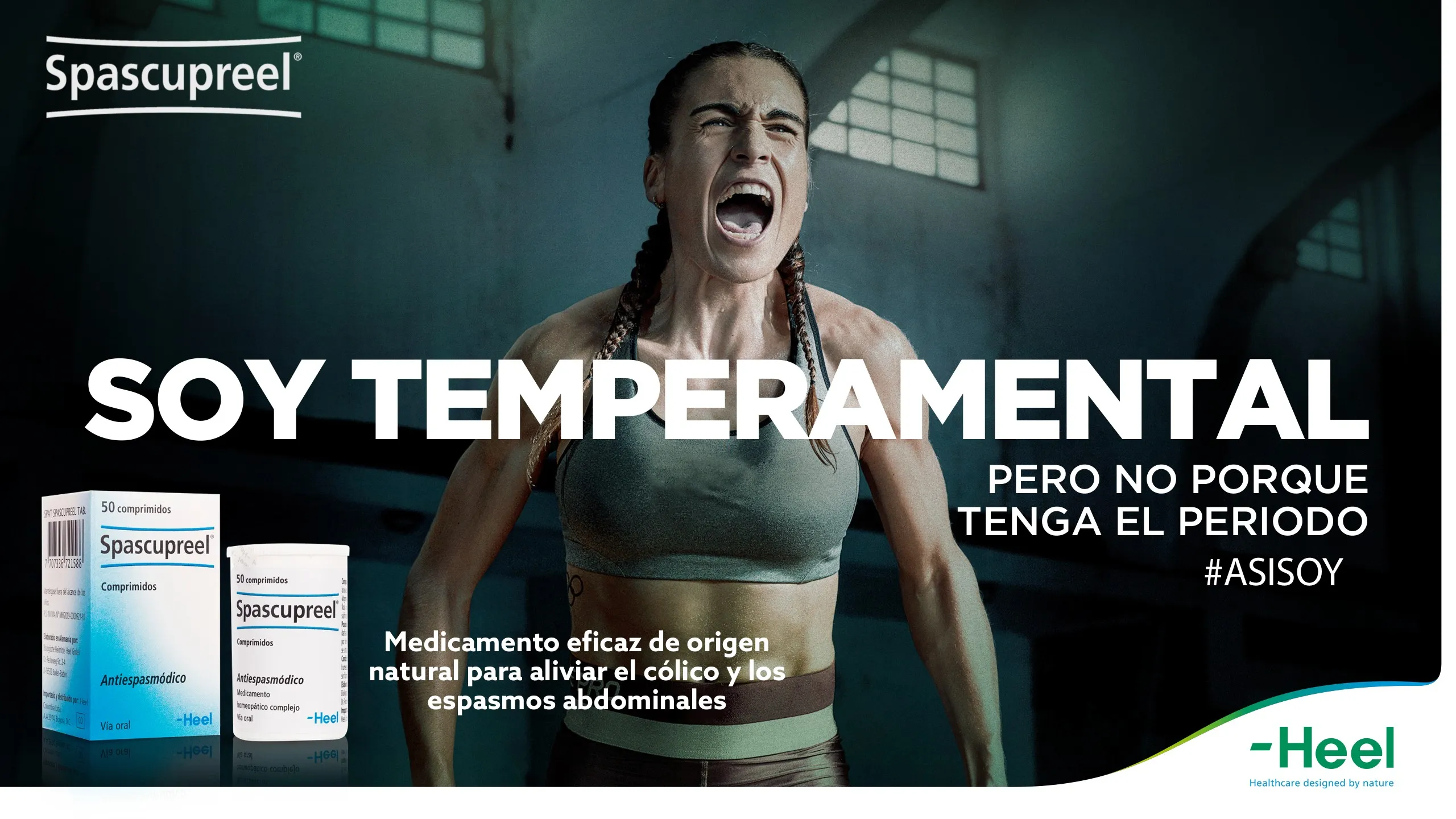 Mujer gritando con fuerza en un gimnasio y el titular Soy temperamental pero no porque tenga el periodo, con el empaque de Spascupreel