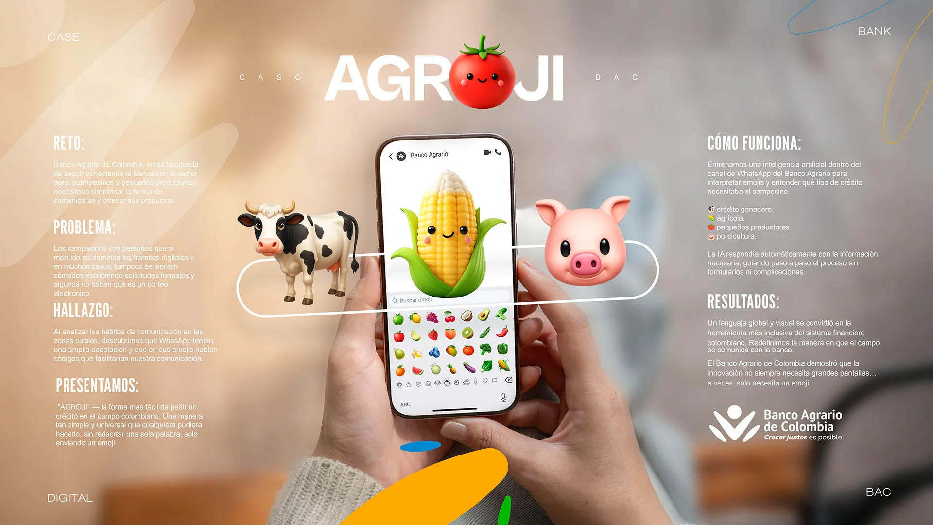 Mano sosteniendo un celular con el chat de AgroJi y emojis de vaca, mazorca y cerdo
