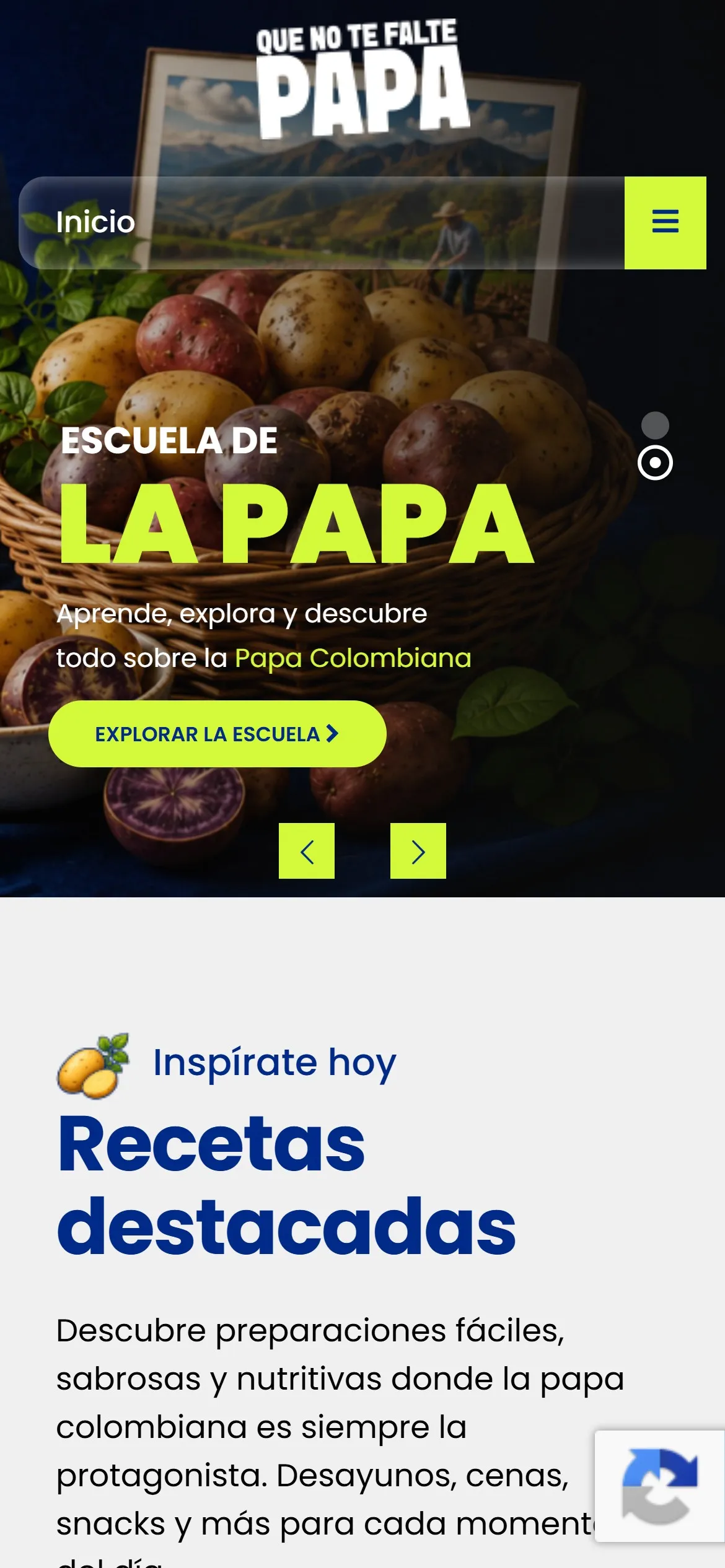 Inicio del sitio en un celular con la Escuela de la Papa y las recetas destacadas