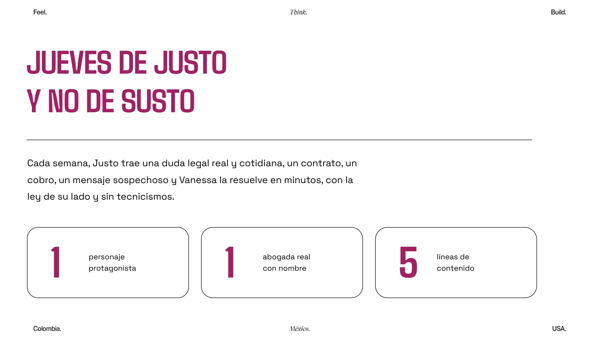 Lámina Jueves de Justo y no de susto con el personaje, la abogada y las cinco líneas de contenido