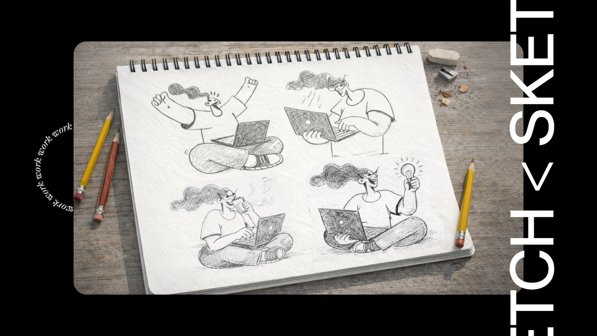 Cuaderno con los bocetos a lápiz de los personajes de Diez de Diez