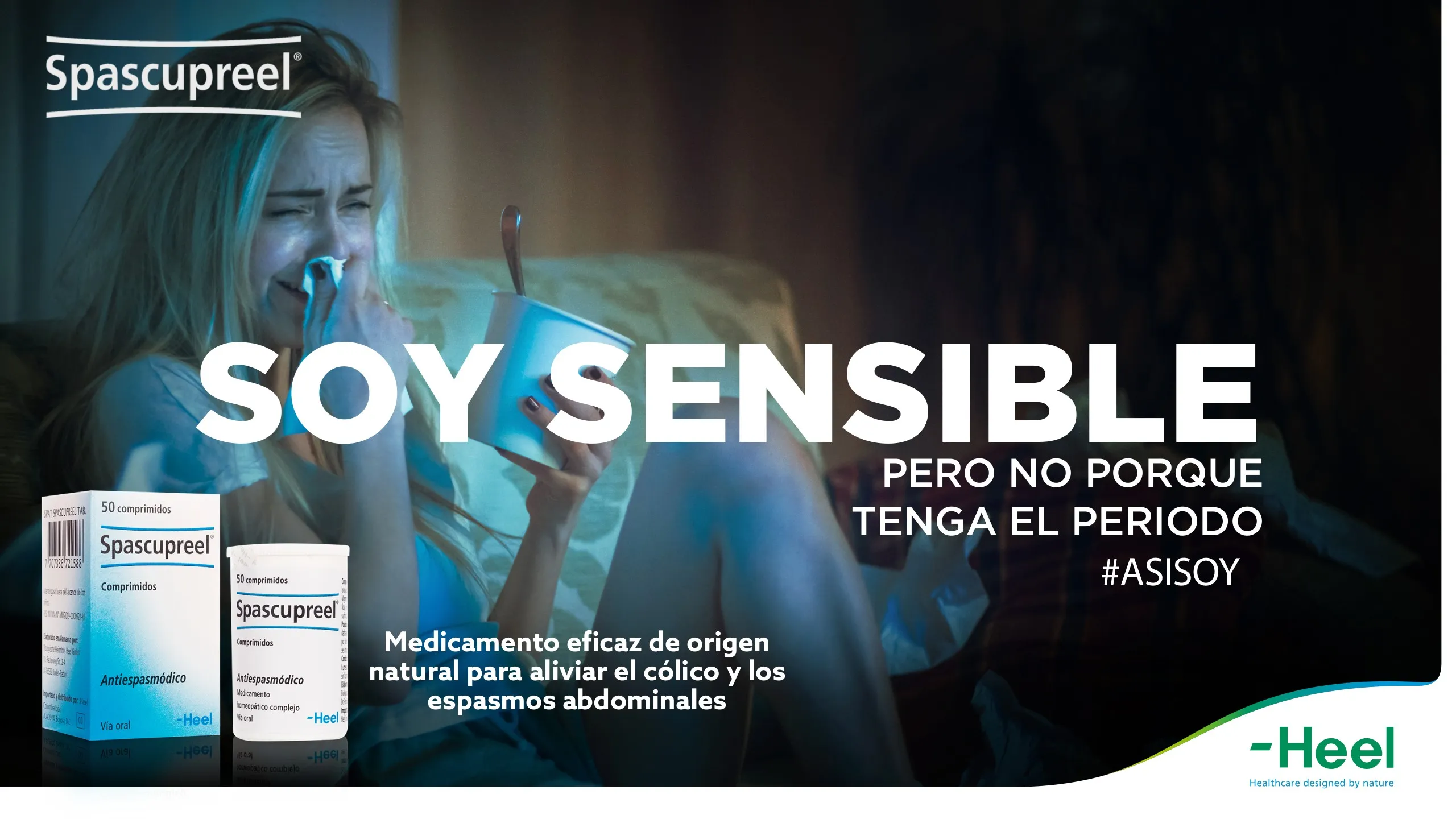 Mujer conmovida, iluminada por una luz azul, y el titular Soy sensible pero no porque tenga el periodo