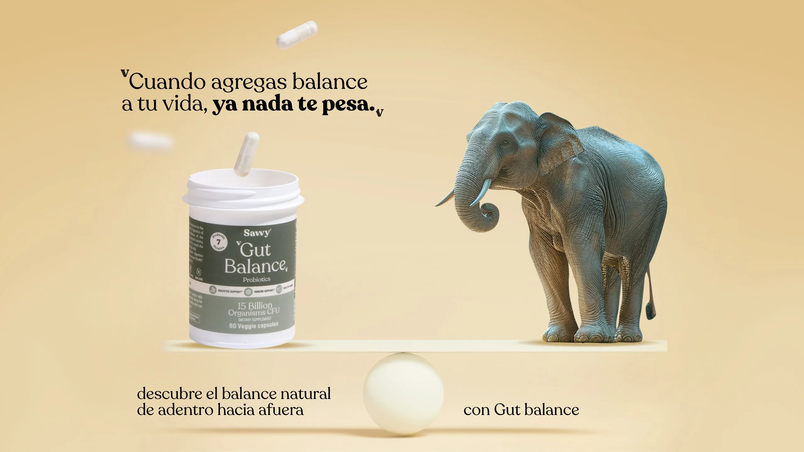 Frasco de Gut Balance sobre una balanza con un elefante y el texto Cuando agregas balance a tu vida