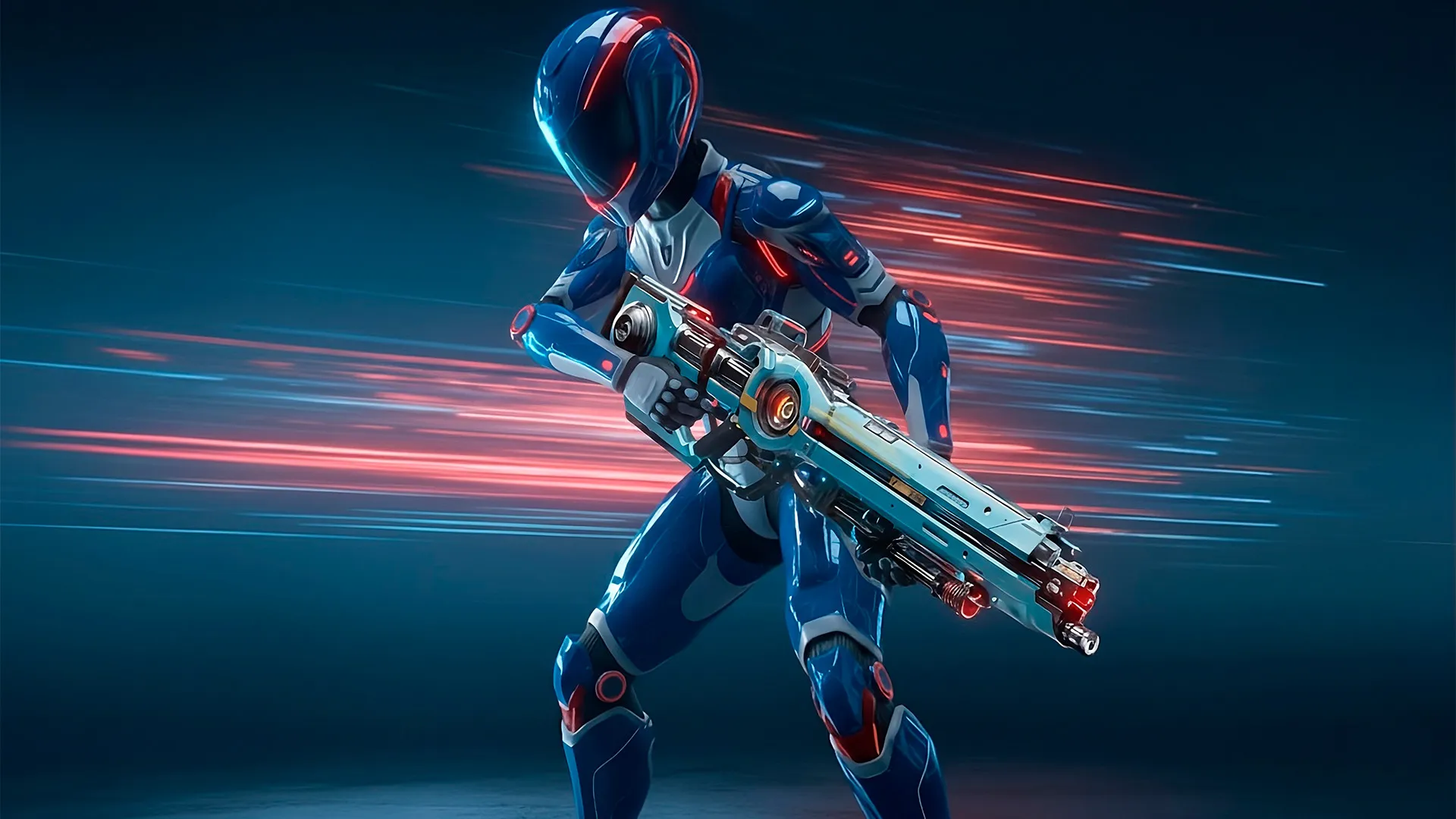 Personaje 3D de Exploit the Hacker con armadura azul y un arma de energía, en movimiento entre luces rojas, del videojuego educativo para el MinTIC