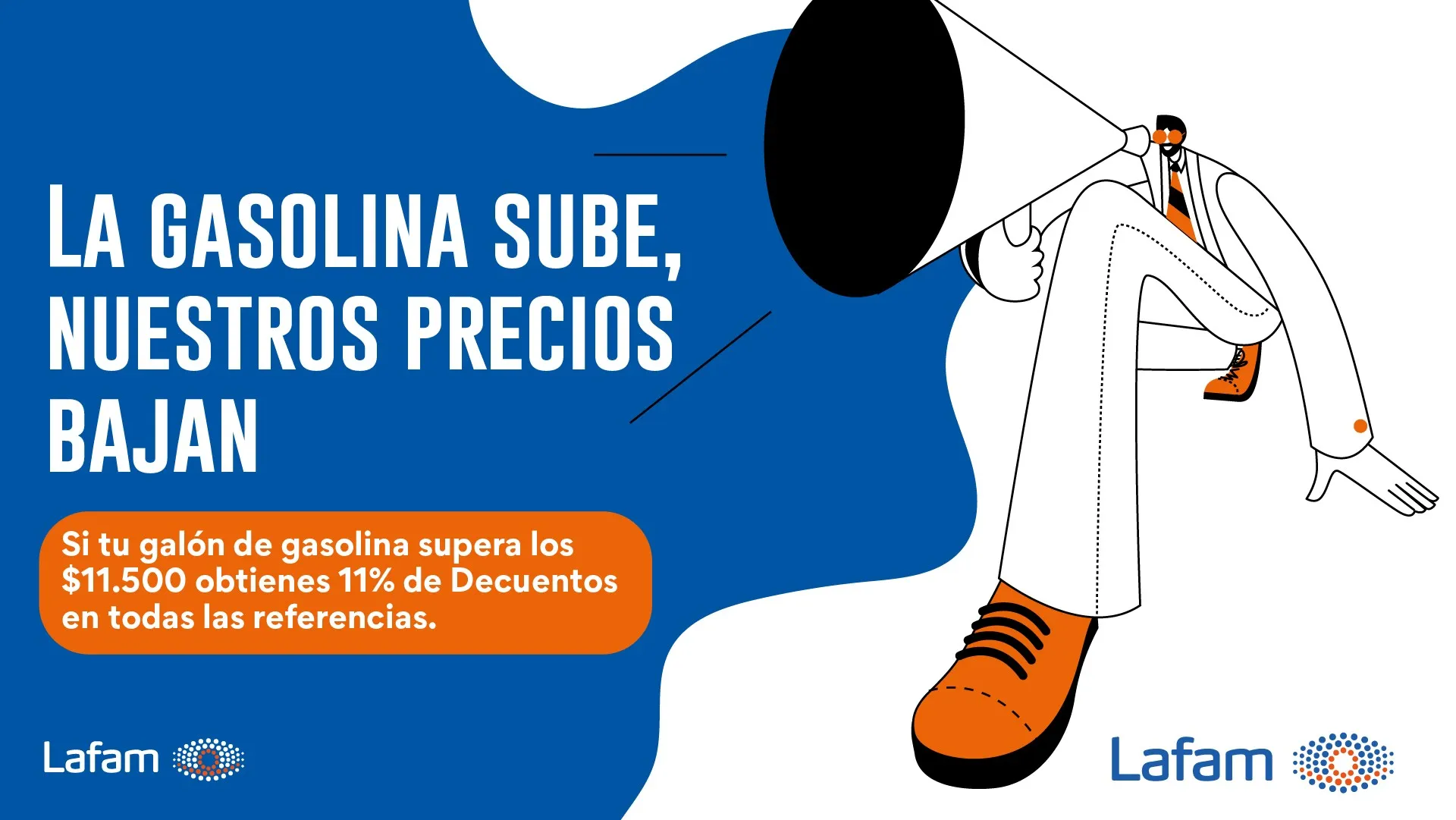 Personaje sentado con un megáfono y el texto La gasolina sube, nuestros precios bajan
