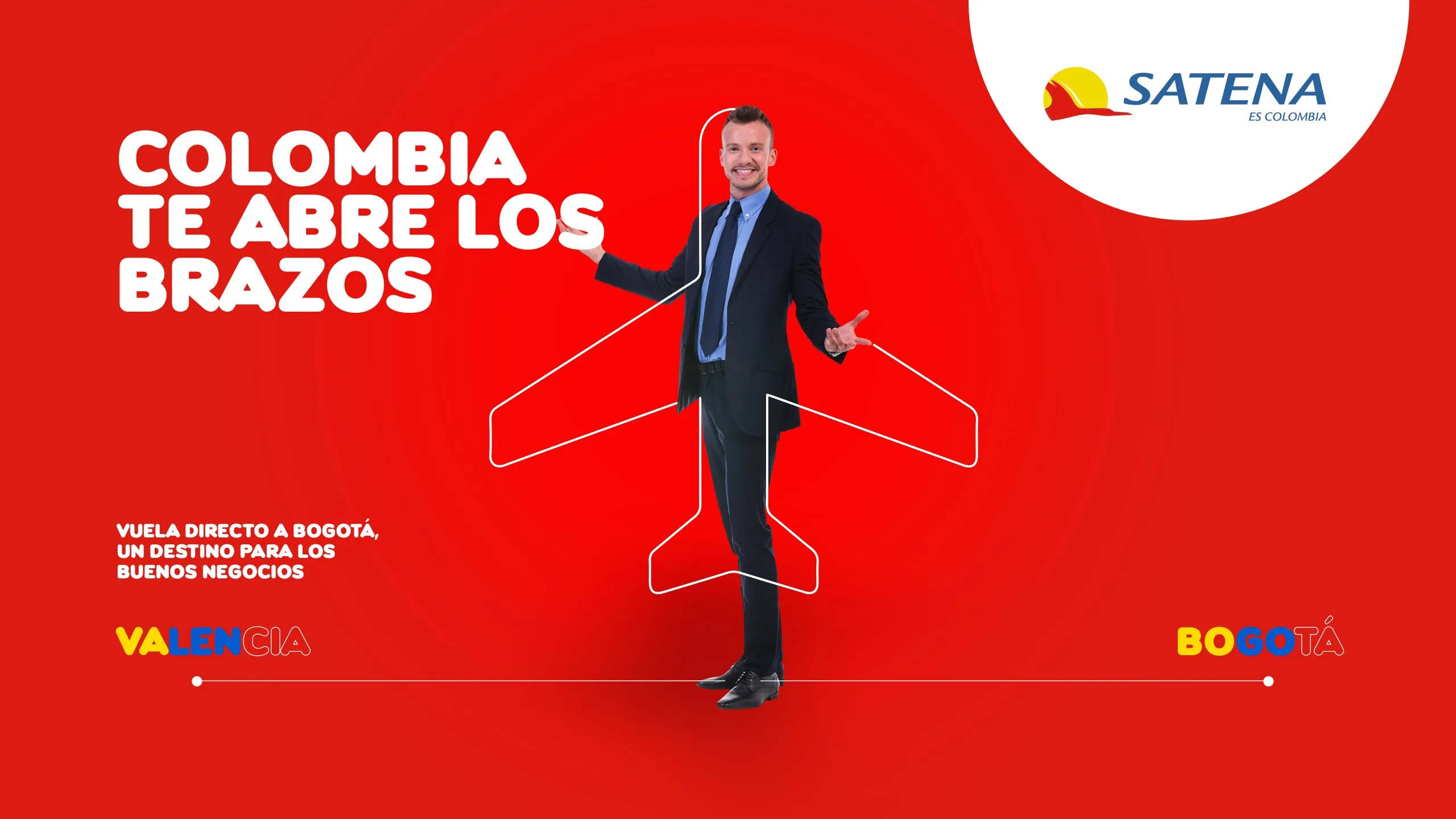 Ejecutivo con los brazos abiertos dentro de la silueta de un avión sobre fondo rojo, un destino para los buenos negocios