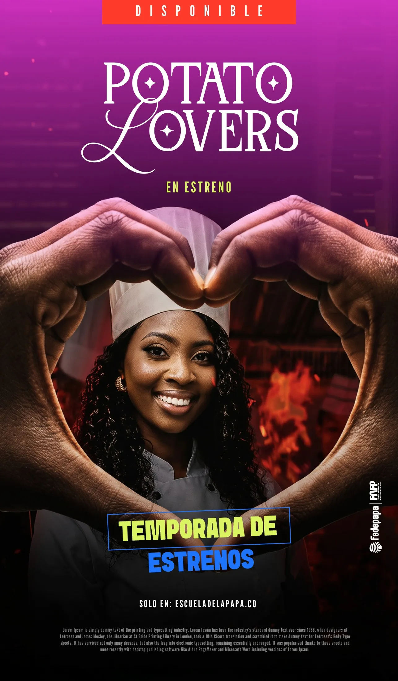 Cartel de Potato Lovers: una chef dentro de un corazón hecho con las manos, estreno de Amor y Amistad