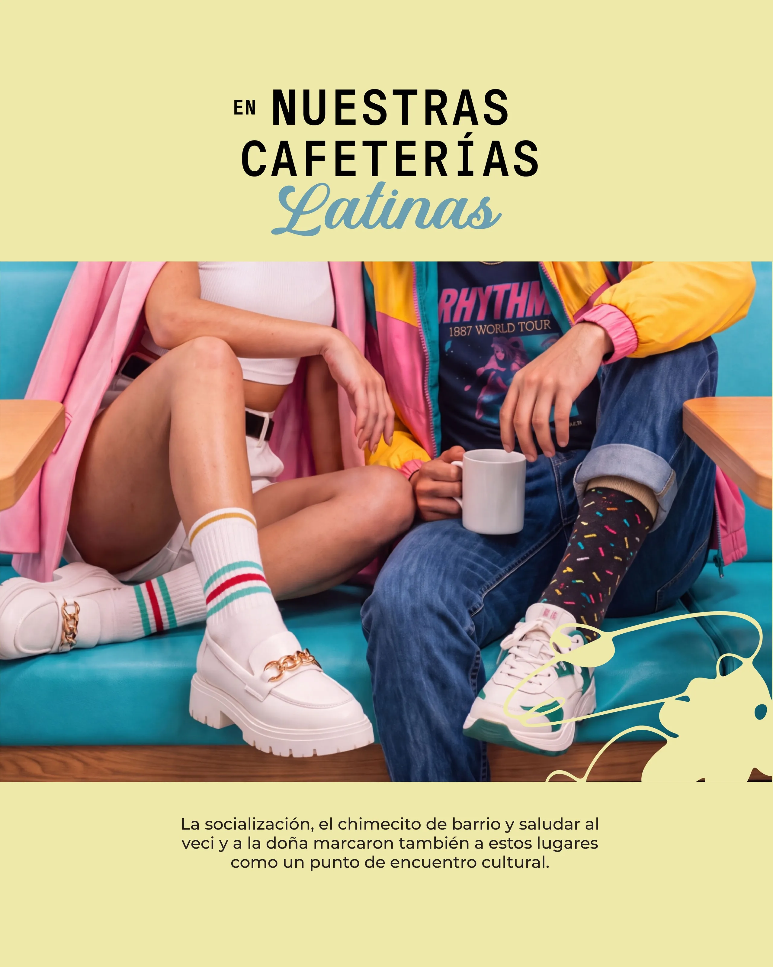 Pareja con medias Giraffe en una banca de cafetería y el título En nuestras cafeterías latinas