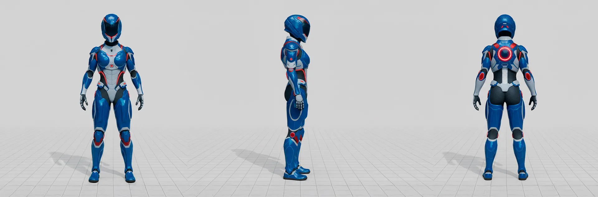 Modelo 3D del avatar del juego visto de frente, de perfil y de espalda