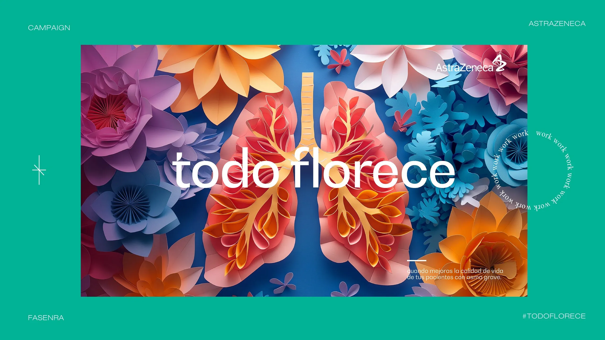Key visual de pulmones de flores sobre fondo verde azulado