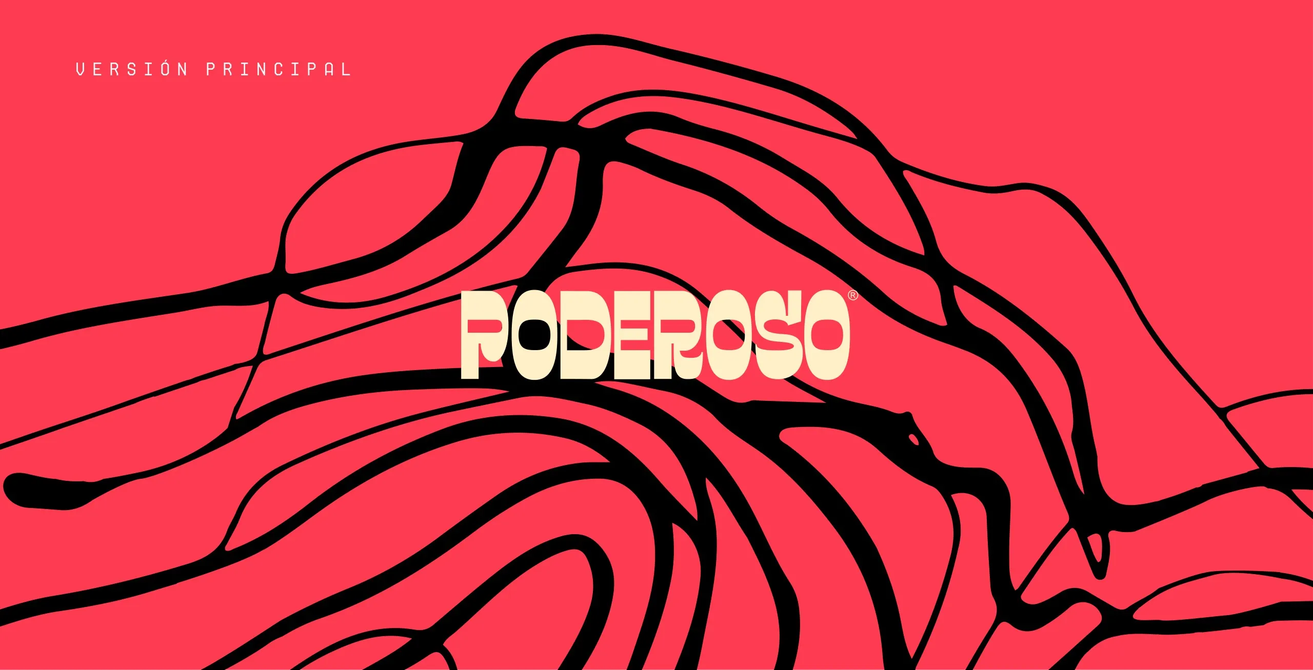 Versión principal del logo de Poderoso sobre fondo rojo con trazos negros
