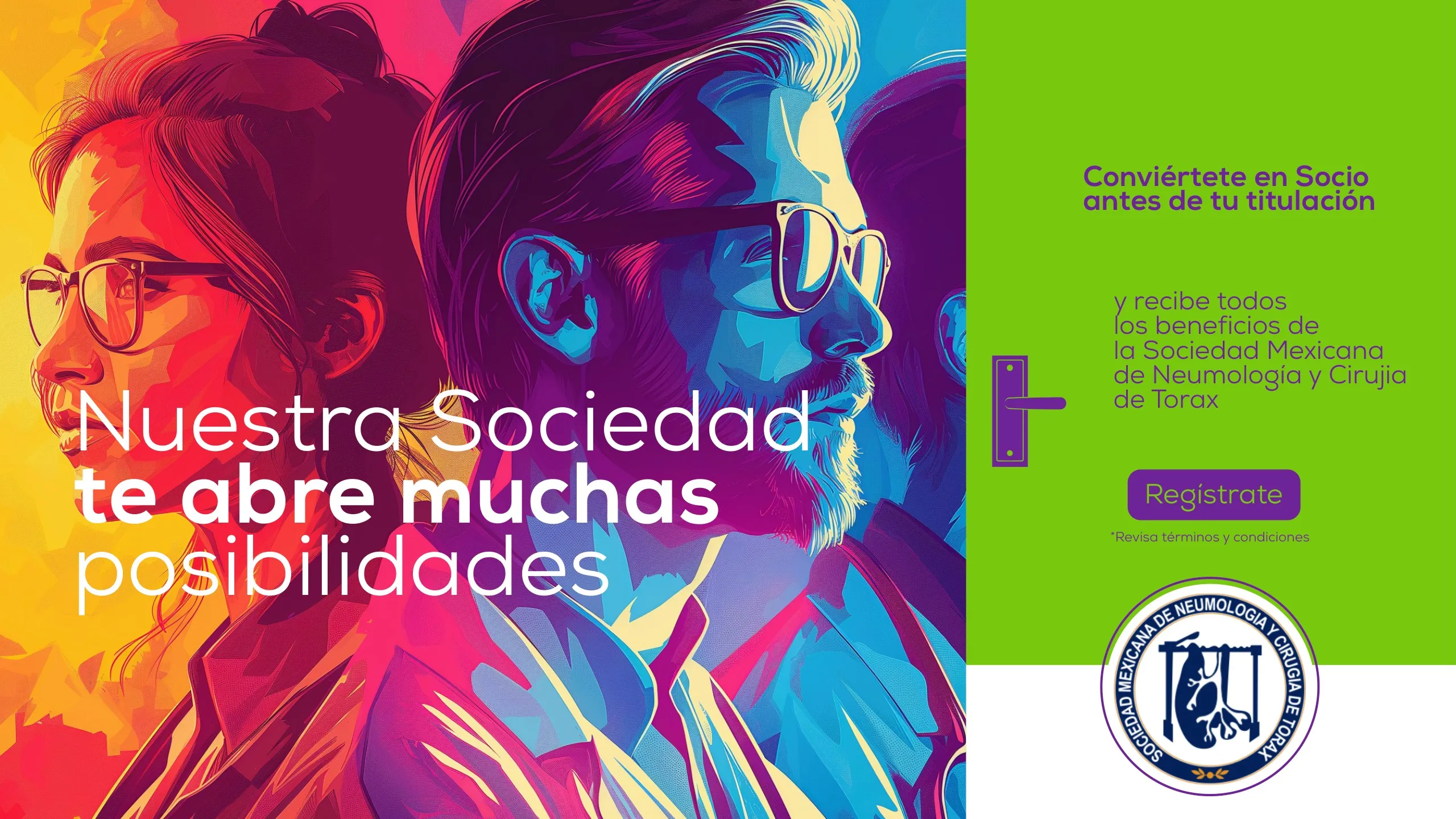 Key visual con dos médicos ilustrados y el texto Nuestra Sociedad te abre muchas posibilidades, conviértete en socio antes de tu titulación