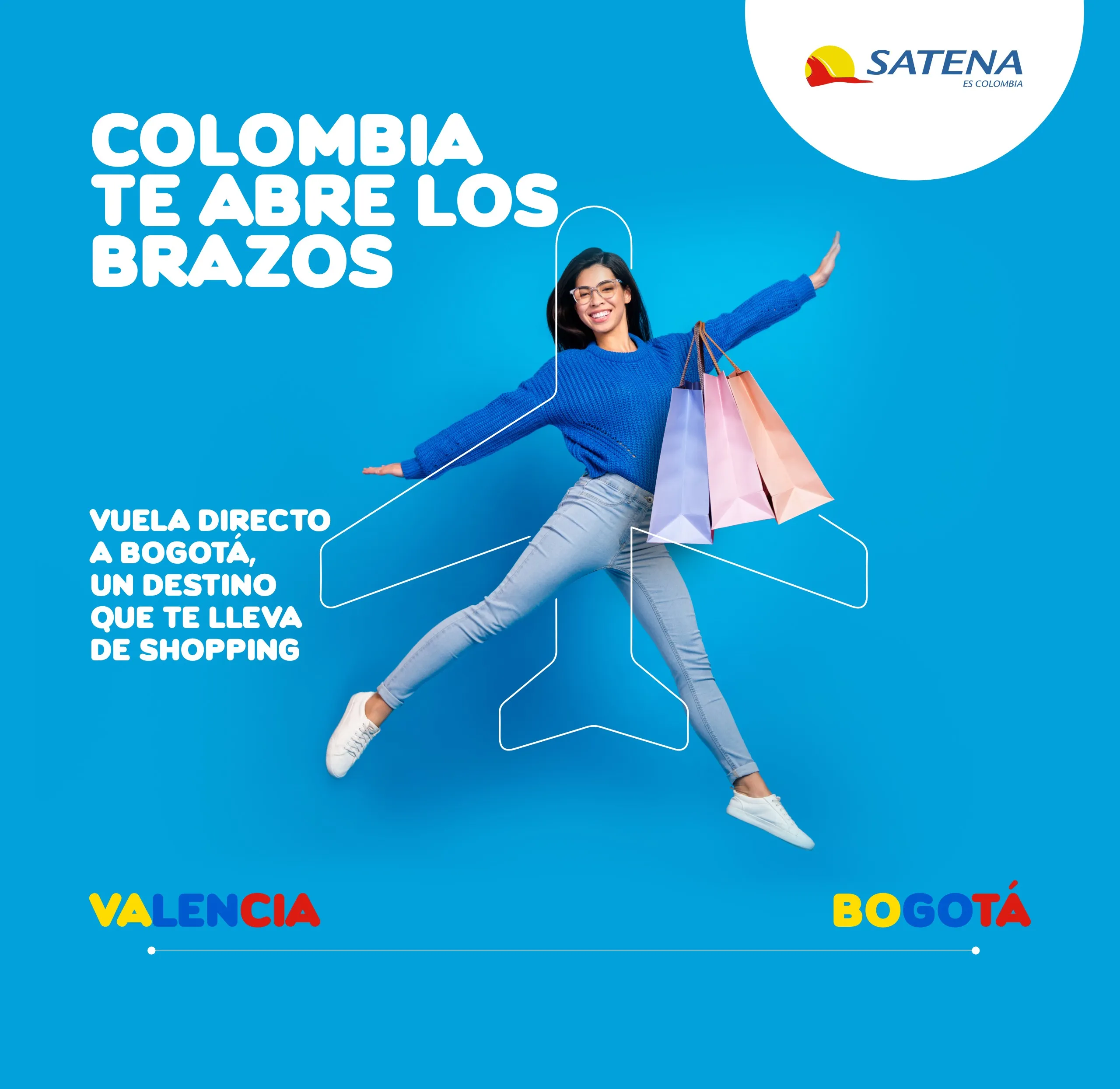 Versión cuadrada de la pieza de shopping con la mujer y sus bolsas de compras sobre fondo azul