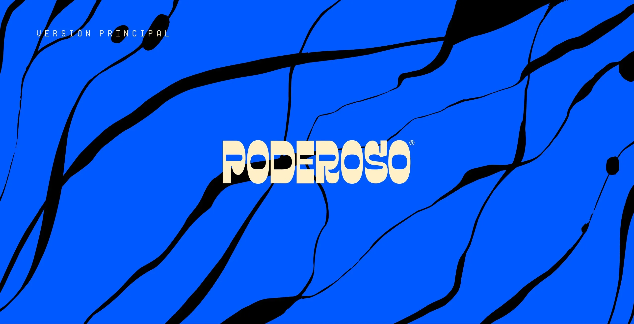 Versión del logo de Poderoso sobre fondo azul con trazos negros