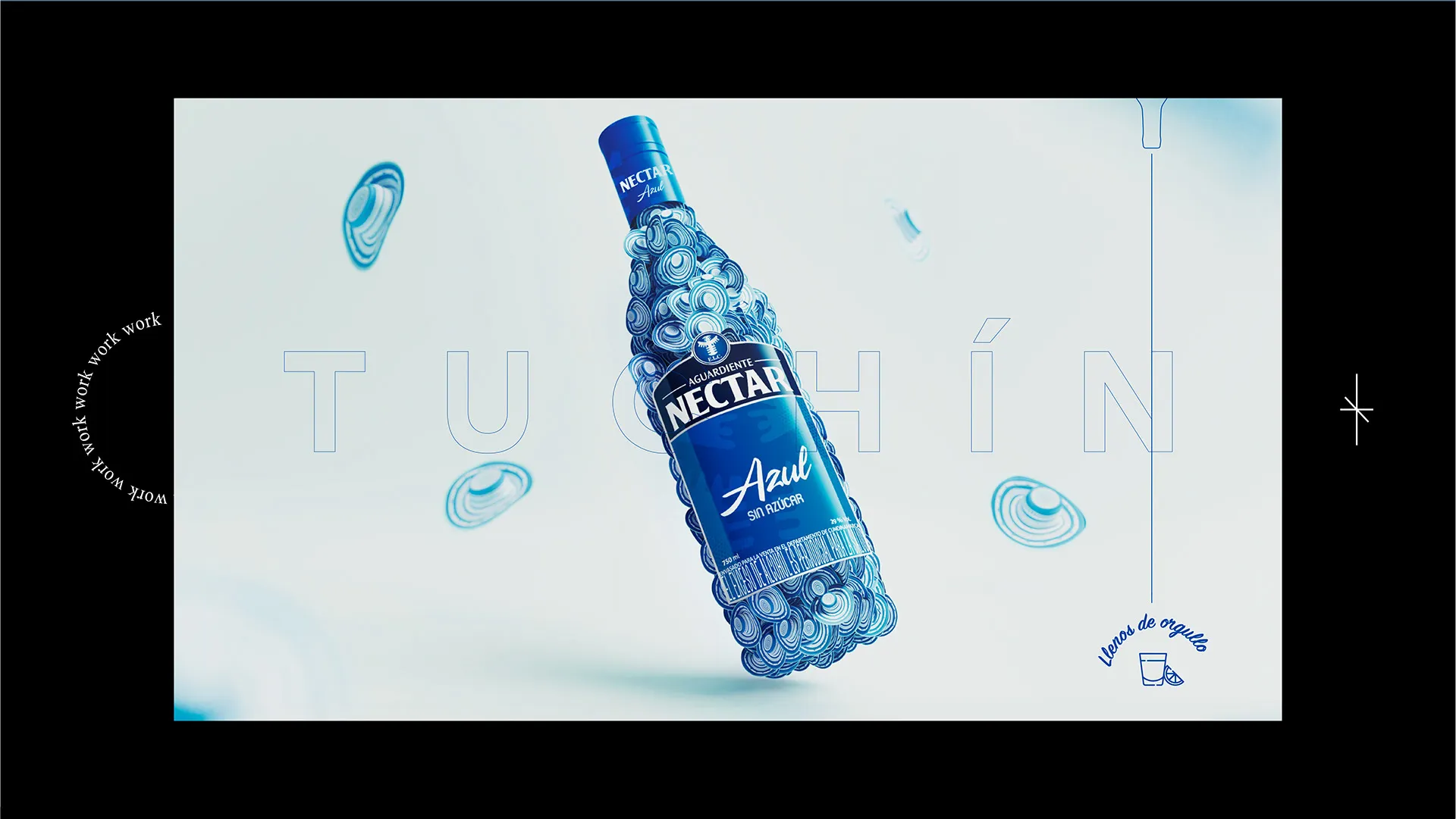 Botella de Néctar Azul llena del tejido del sombrero vueltiao, con la palabra Tuchín