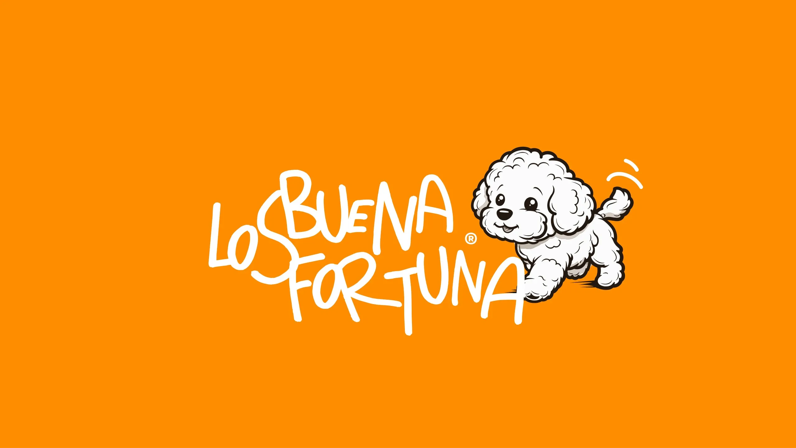 Logo de Los Buena Fortuna con un perro ilustrado sobre fondo naranja