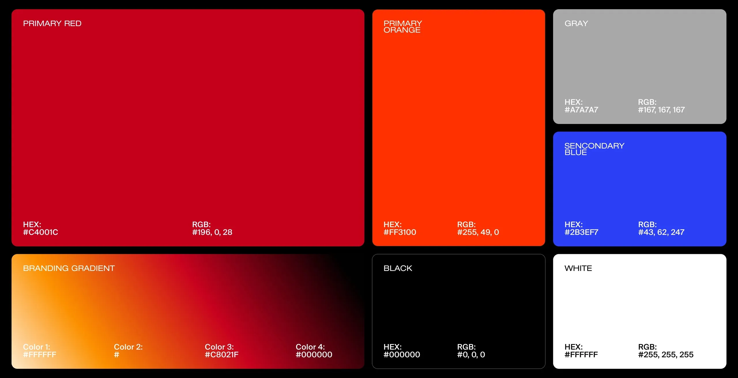 Paleta de Soult: rojo #C4001C, naranja #FF3100, gris #A7A7A7, azul #2B3EF7, negro, blanco y degradado