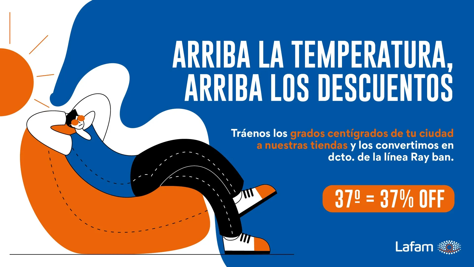 Personaje descansando en un puf naranja al sol y el texto Arriba la temperatura, arriba los descuentos, 37° = 37 % OFF