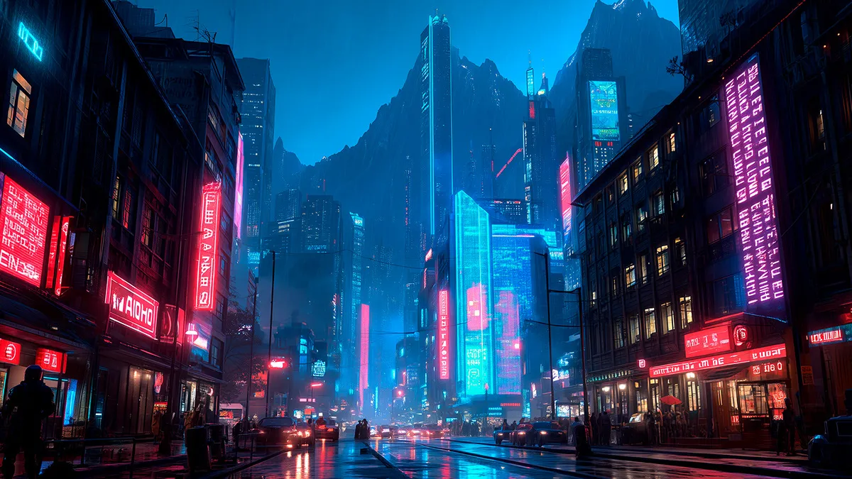 Escenario del videojuego: calle de una ciudad futurista con luces de neón