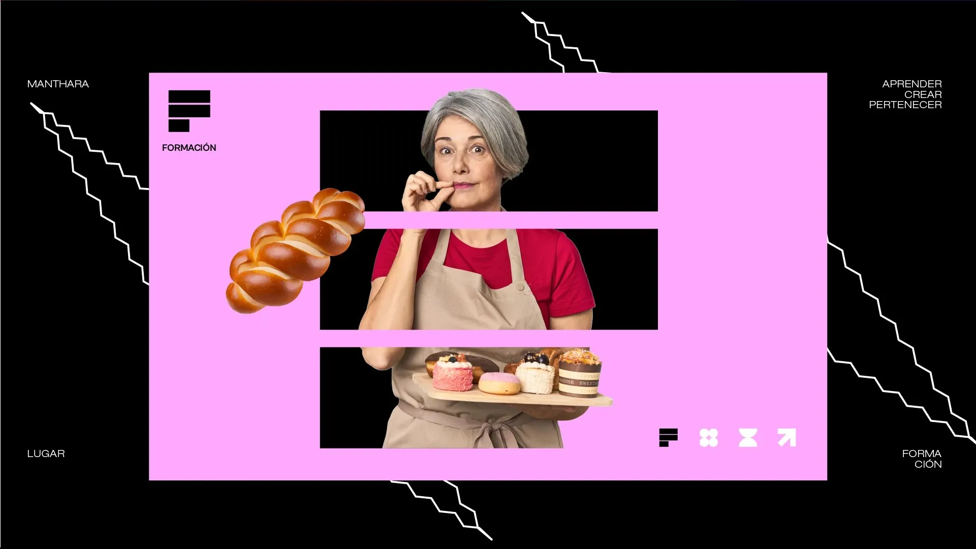 Pieza de Formación en rosado con una mujer que sostiene pan