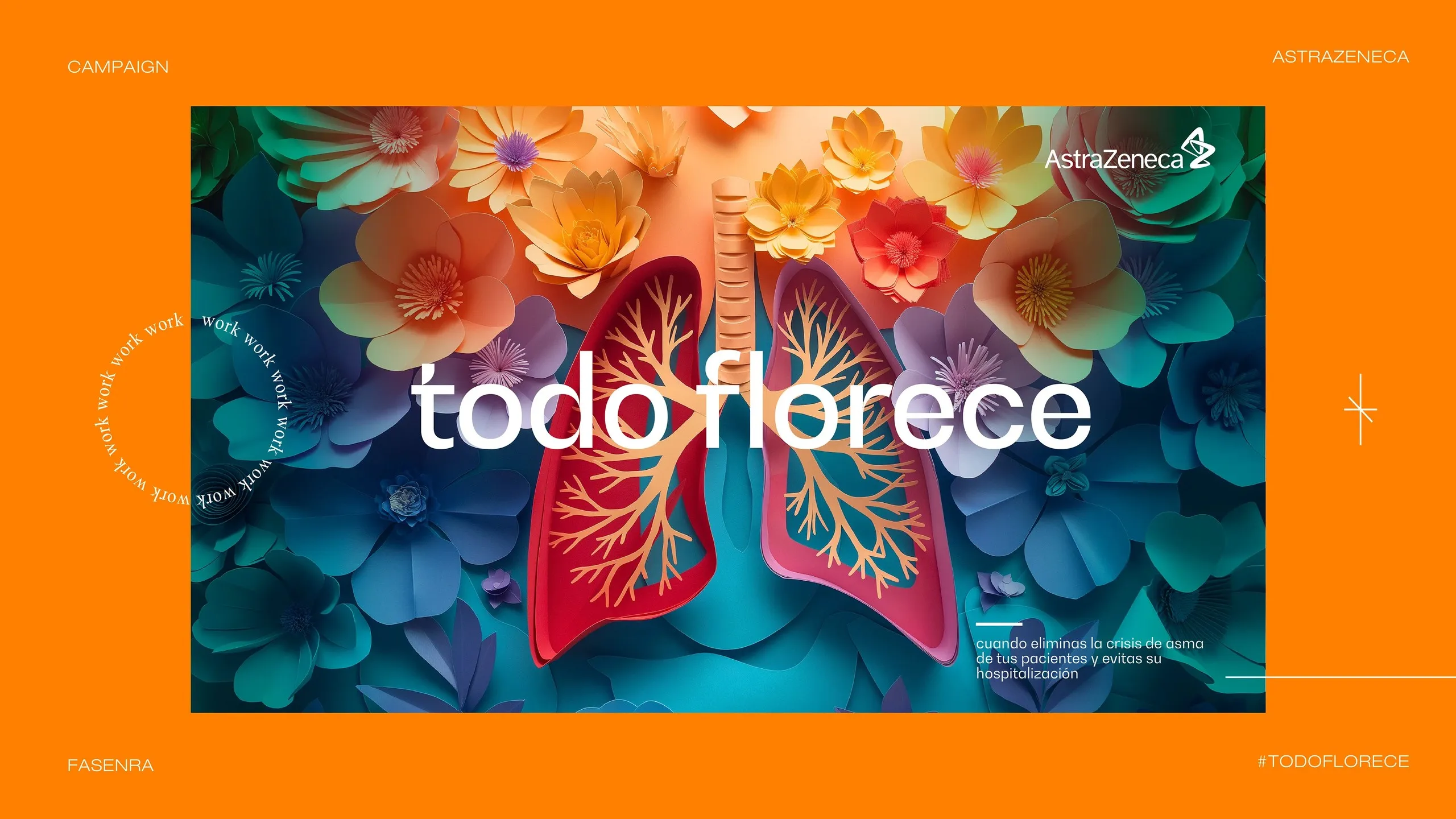 Key visual de pulmones de flores sobre fondo naranja