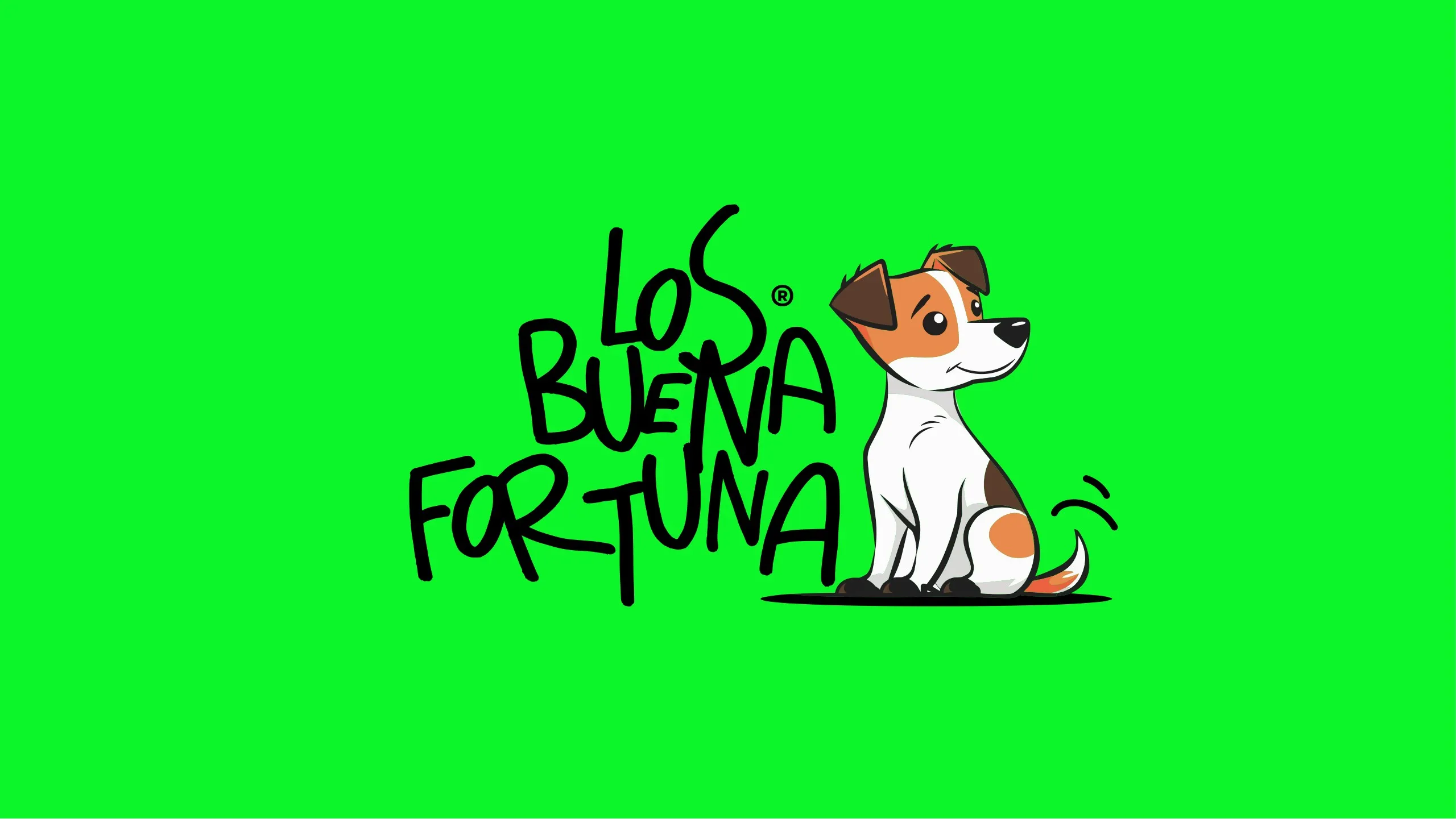 Logo de Los Buena Fortuna con un perro ilustrado sobre fondo verde