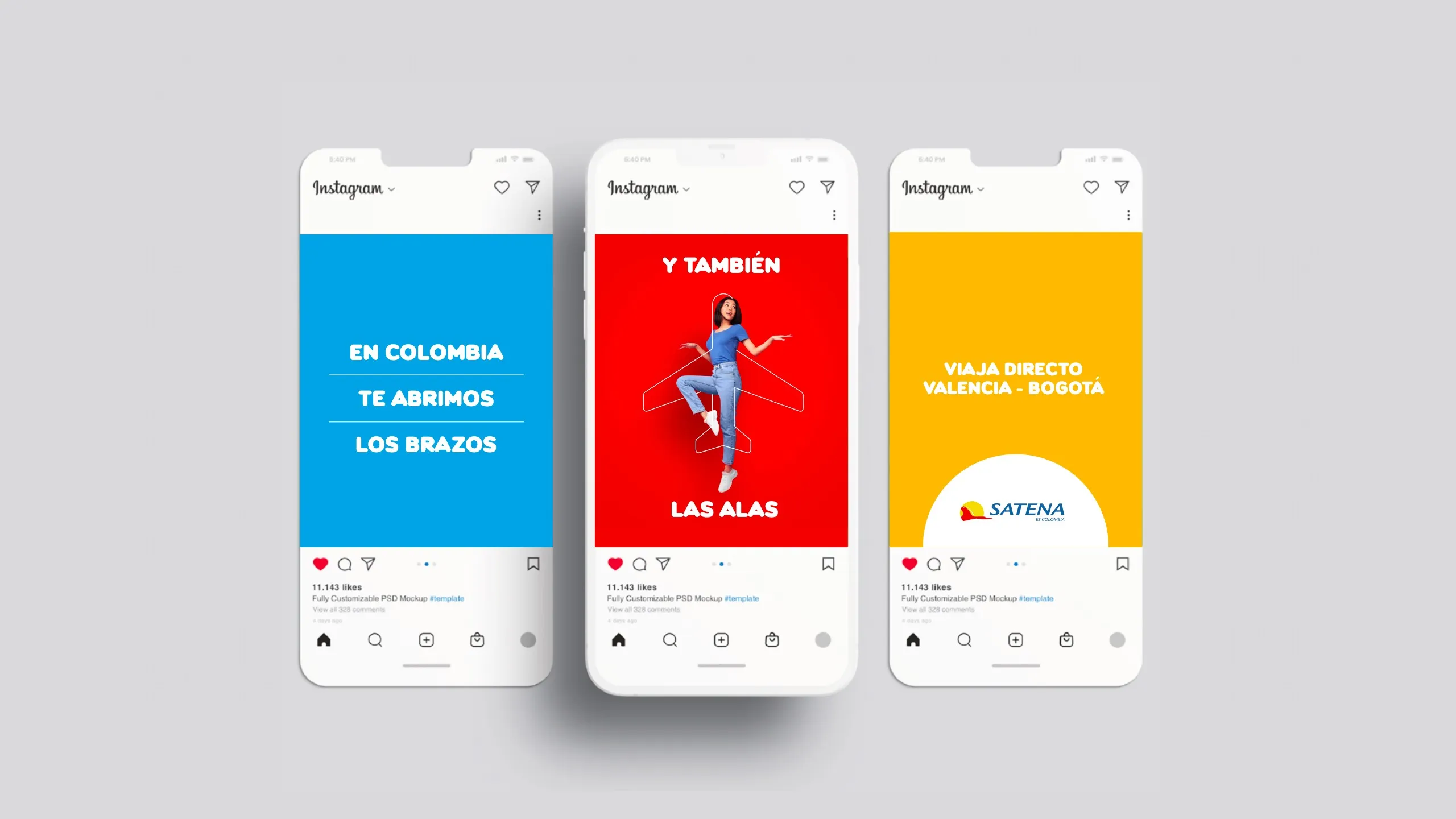 Publicaciones de Instagram con el texto En Colombia te abrimos los brazos y también las alas