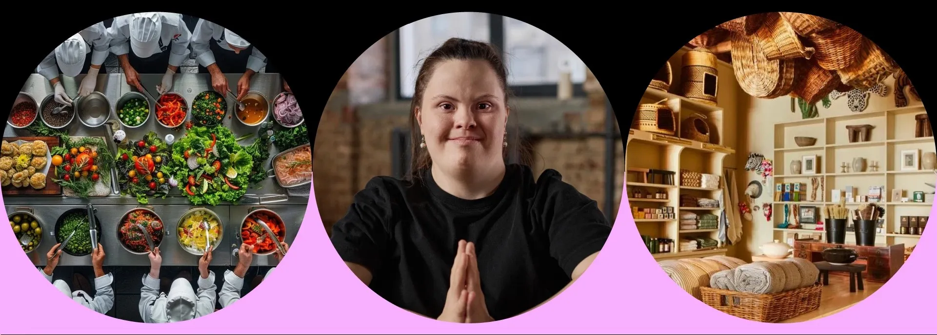 Círculos con comida, una persona y una panadería sobre una franja rosada