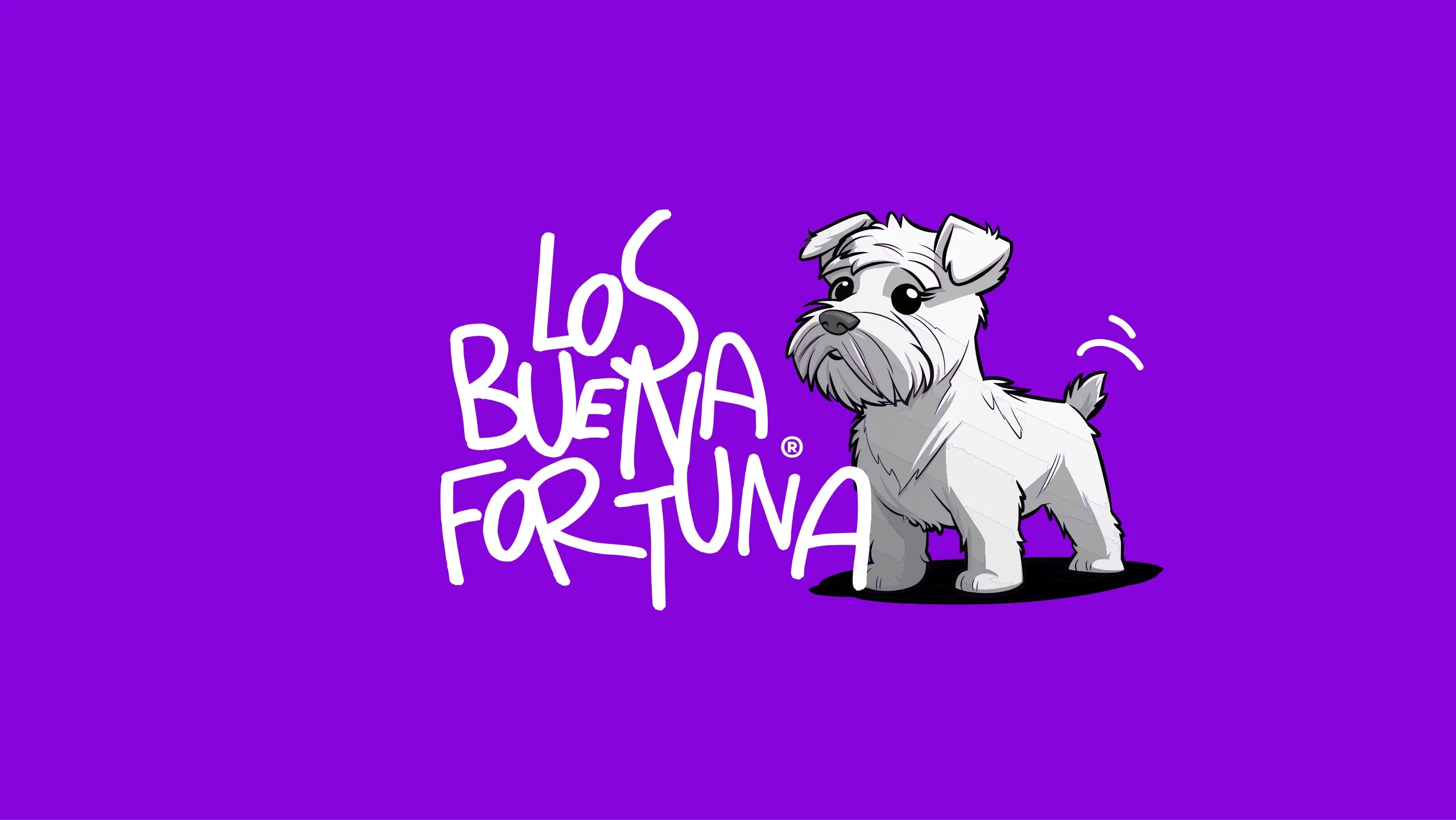 Logo de Los Buena Fortuna con un perro ilustrado sobre fondo morado