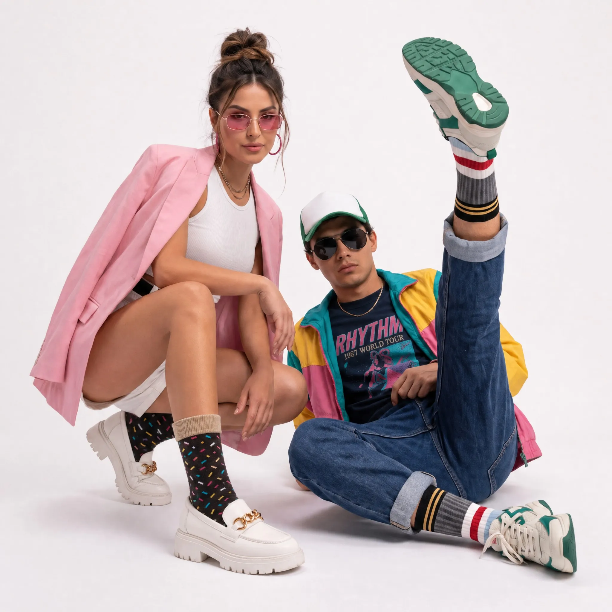 Pareja de modelos con medias Giraffe sentada en el piso, ella con chaqueta rosada y él con las piernas en alto