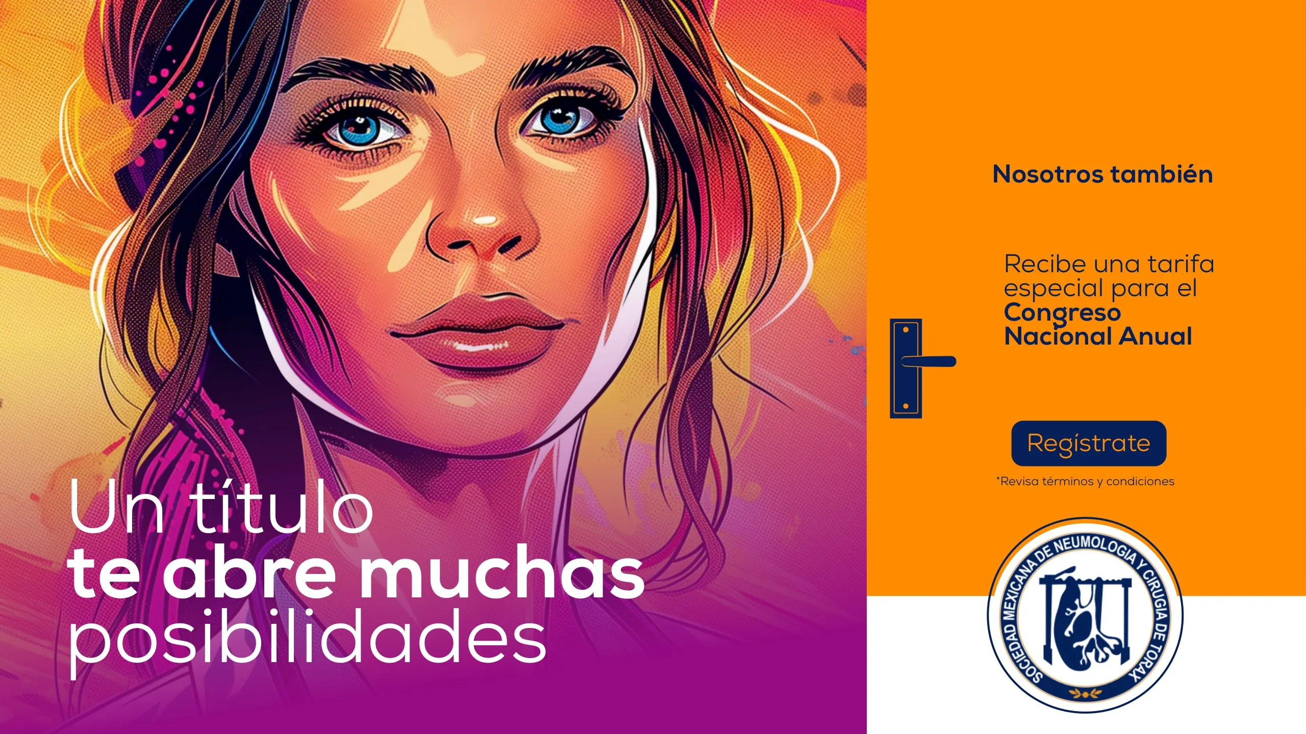Key visual con el retrato ilustrado de una médica joven y el texto Un título te abre muchas posibilidades