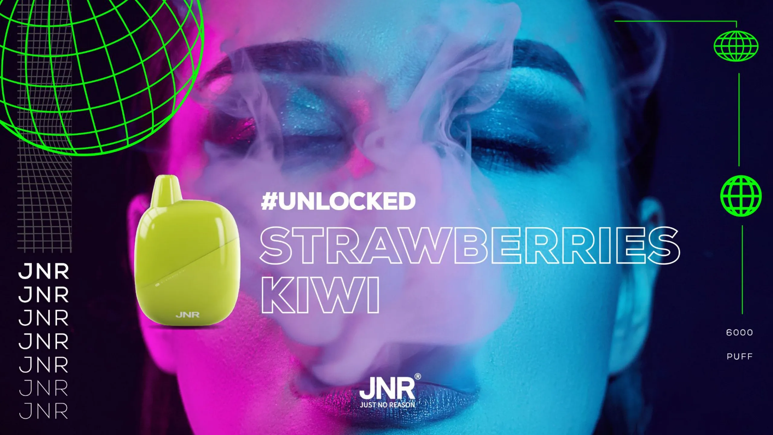 Key visual de Strawberries Kiwi con una mujer iluminada en magenta y azul