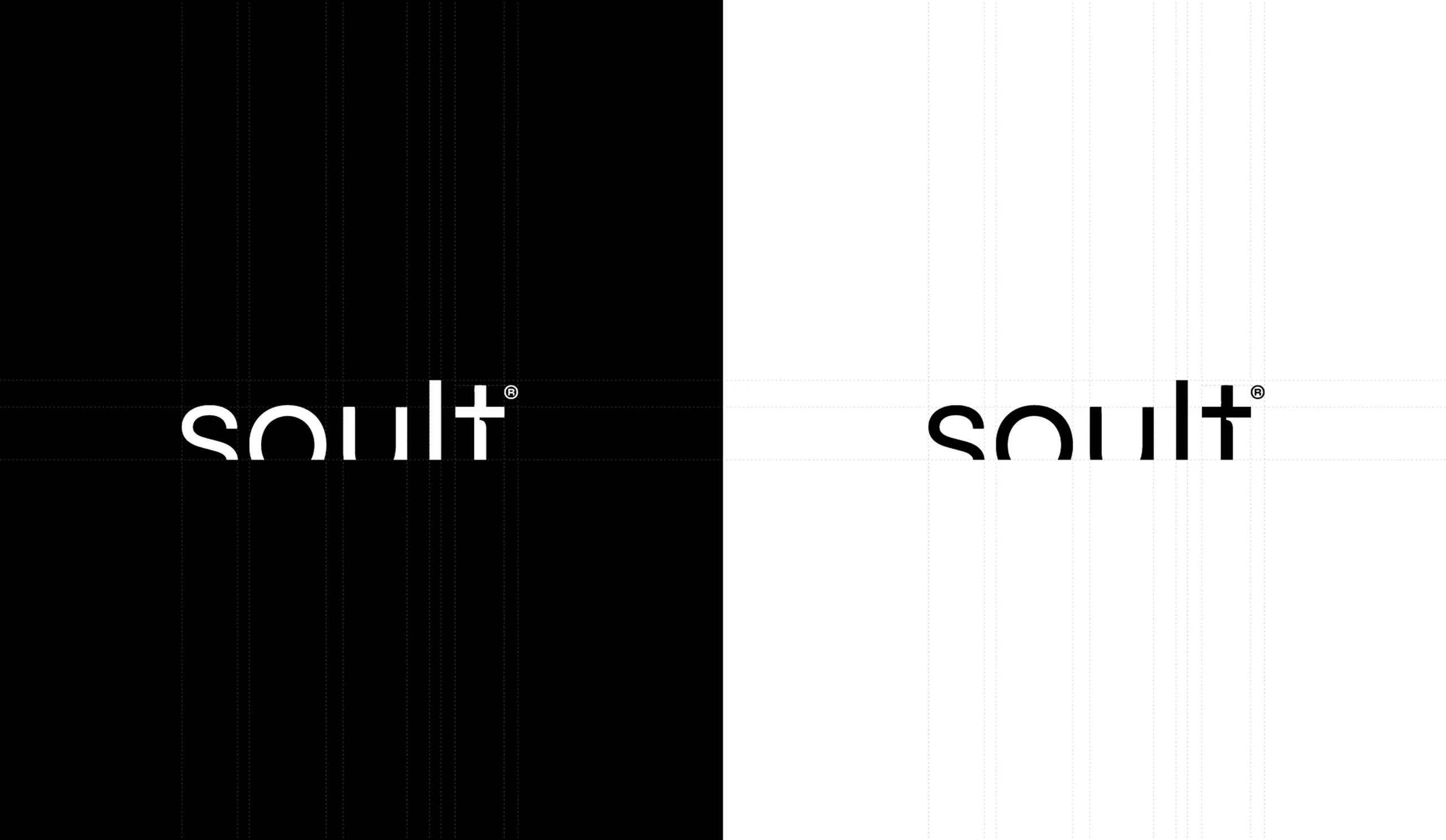 Logo de Soult en blanco sobre negro y en negro sobre blanco con su retícula de construcción