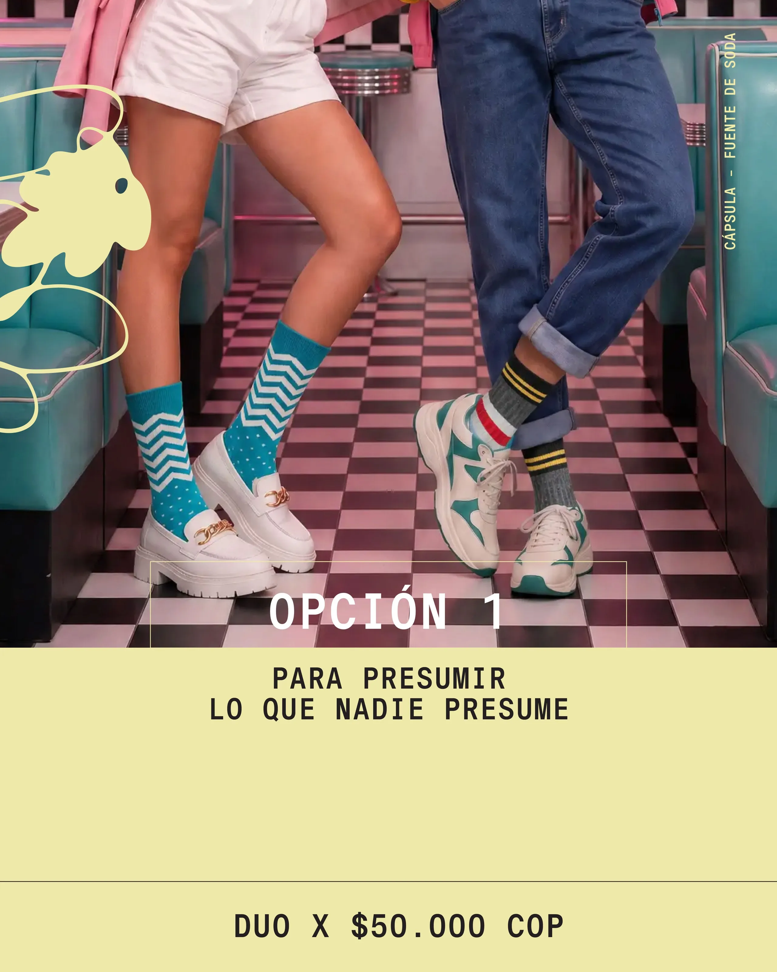 Opción 1 del menú: piernas con medias de zigzag y el texto Para presumir lo que nadie presume