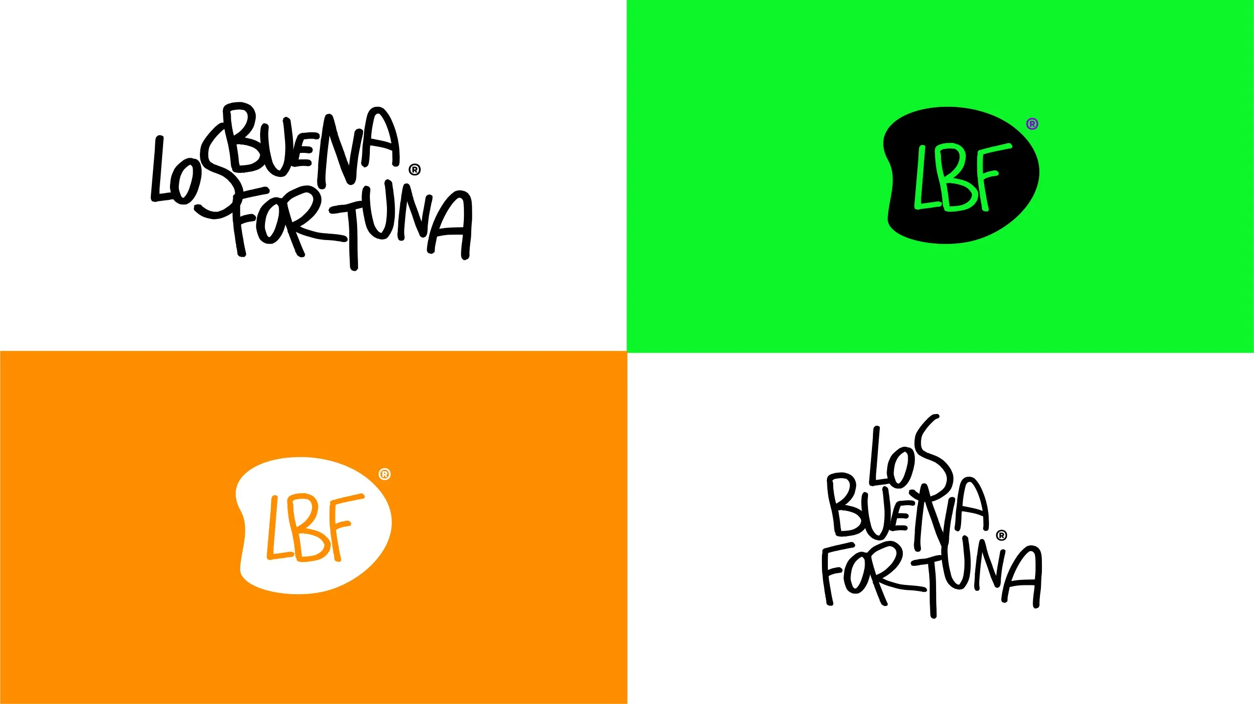 Versiones del logo y del monograma de Los Buena Fortuna en blanco, verde y naranja