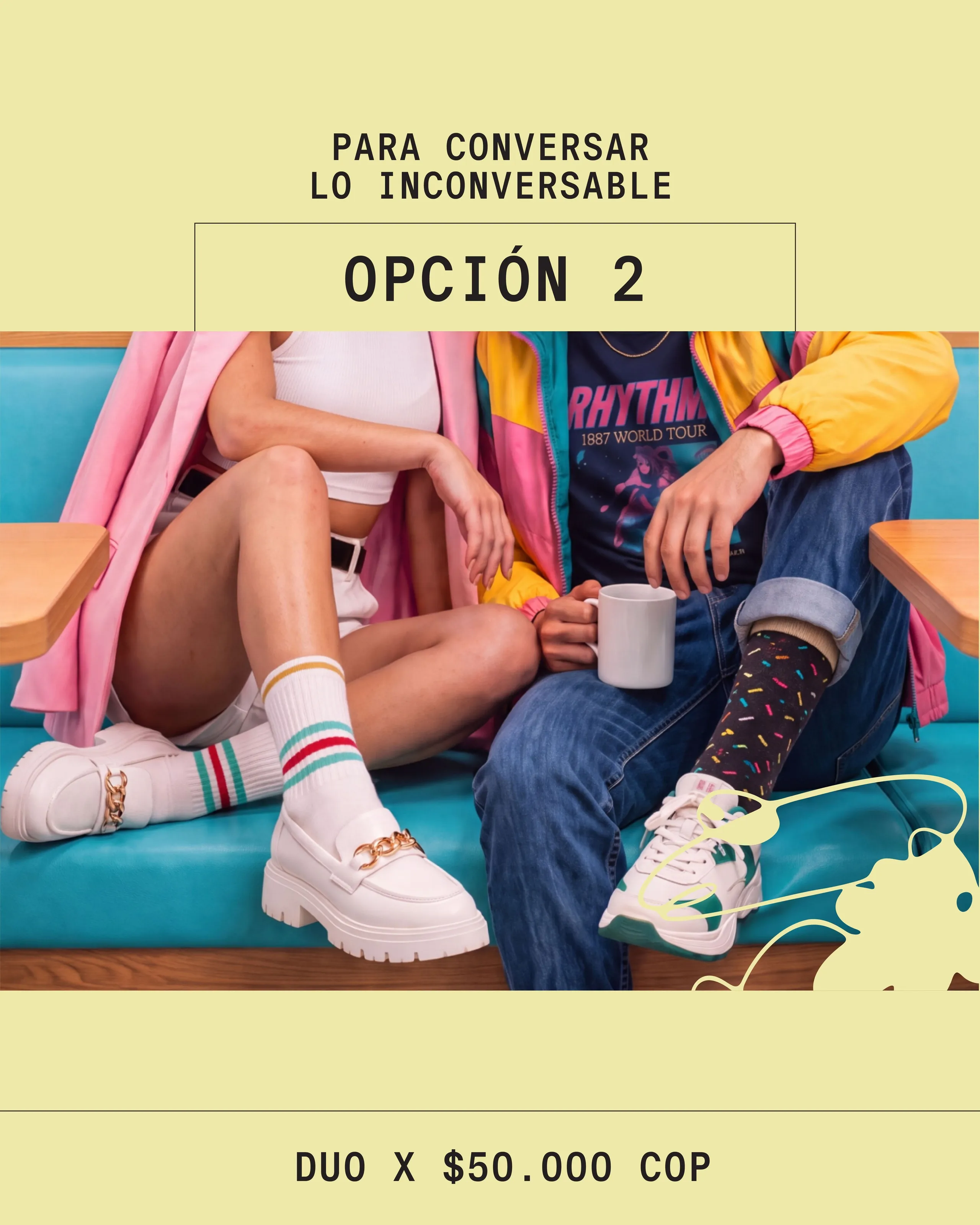 Opción 2 del menú: pareja en la cafetería y el texto Para conversar lo inconversable