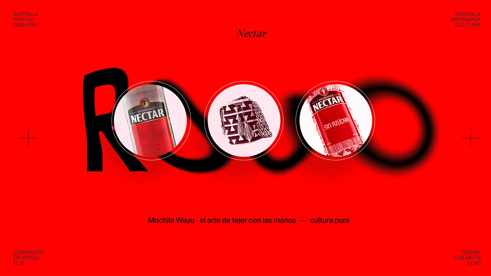 Proceso de la versión roja: la palabra ROJO con la mochila wayuu