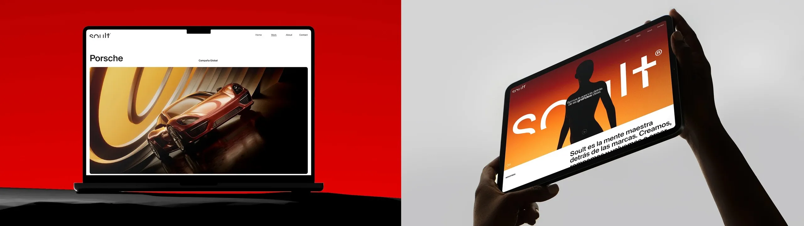 Sitio web de Soult en un portátil sobre fondo rojo y en una tableta sostenida con la mano