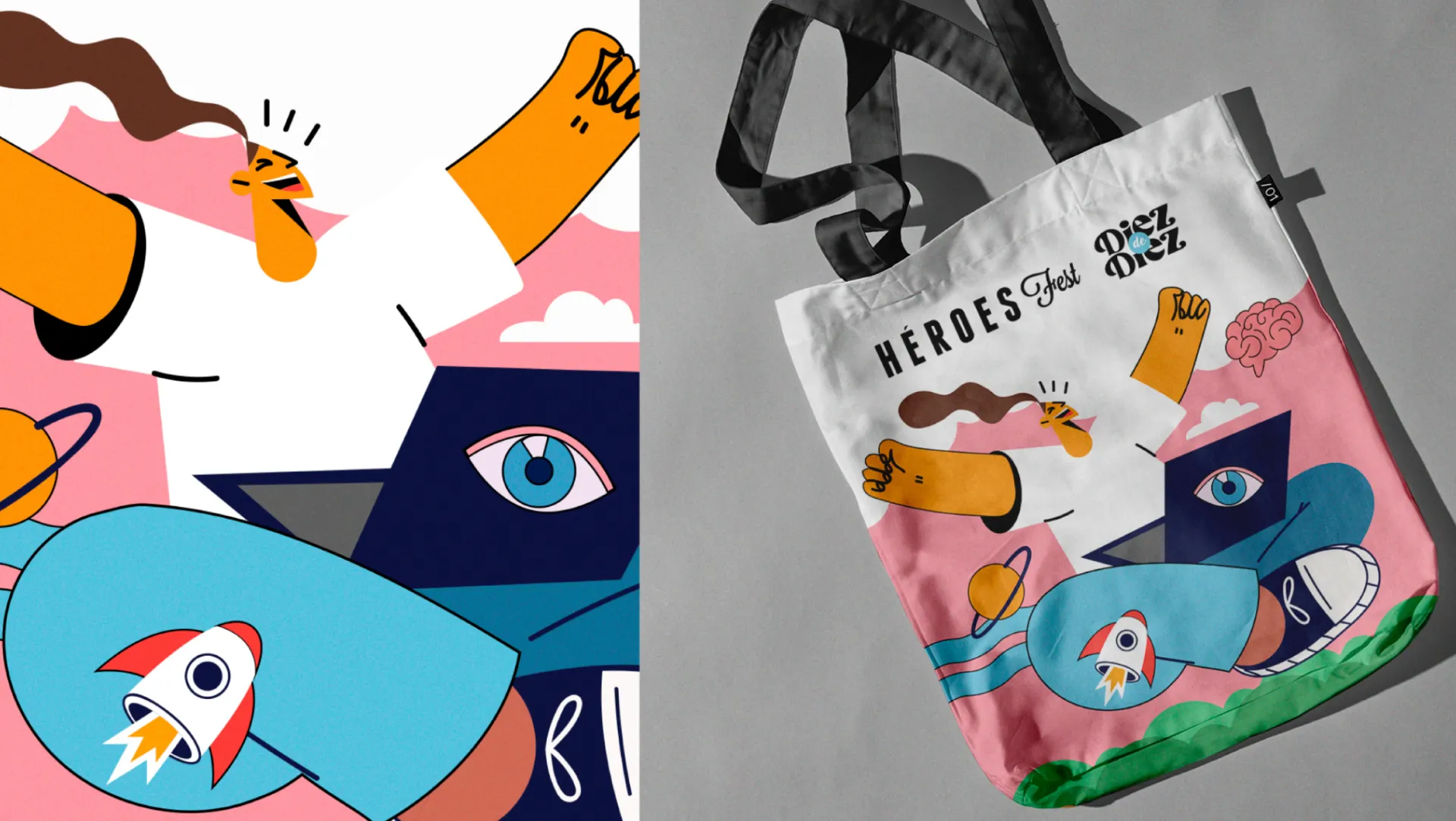 Bolsa de tela de Héroes Fest con la ilustración del festival
