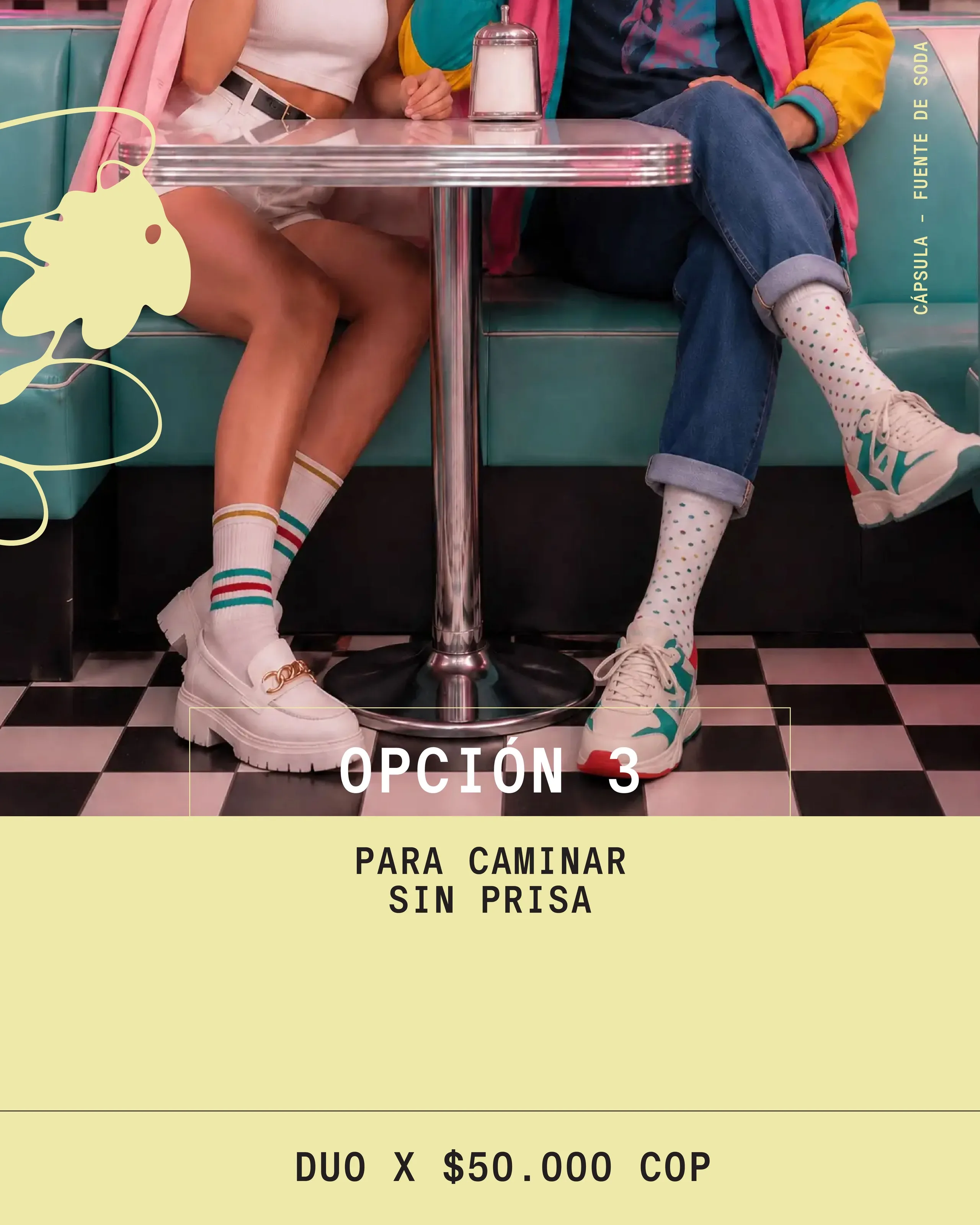 Opción 3 del menú: piernas junto a una mesa de cafetería y el texto Para caminar sin prisa