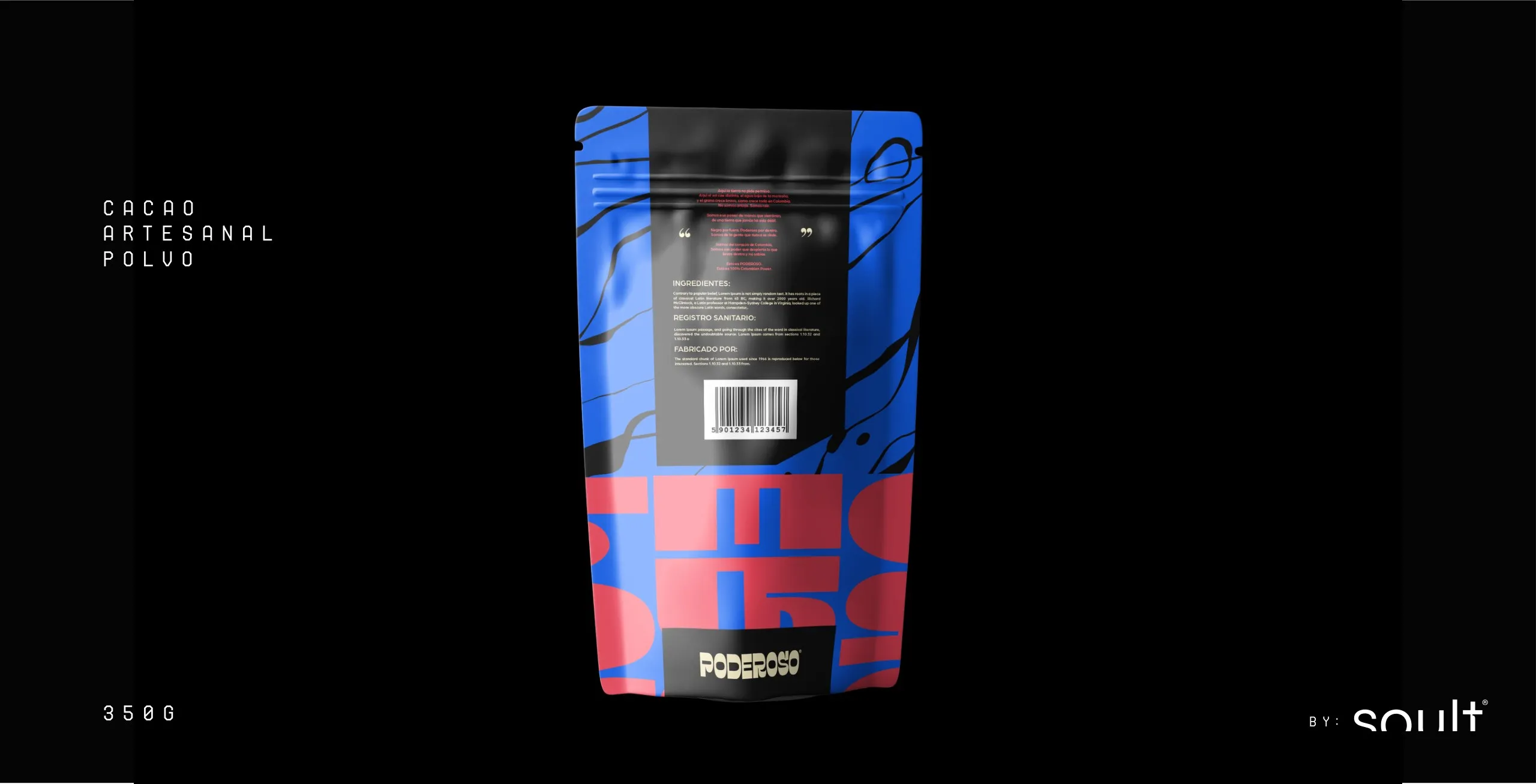 Bolsa de cacao artesanal en polvo de 350 g con estampado azul y rojo