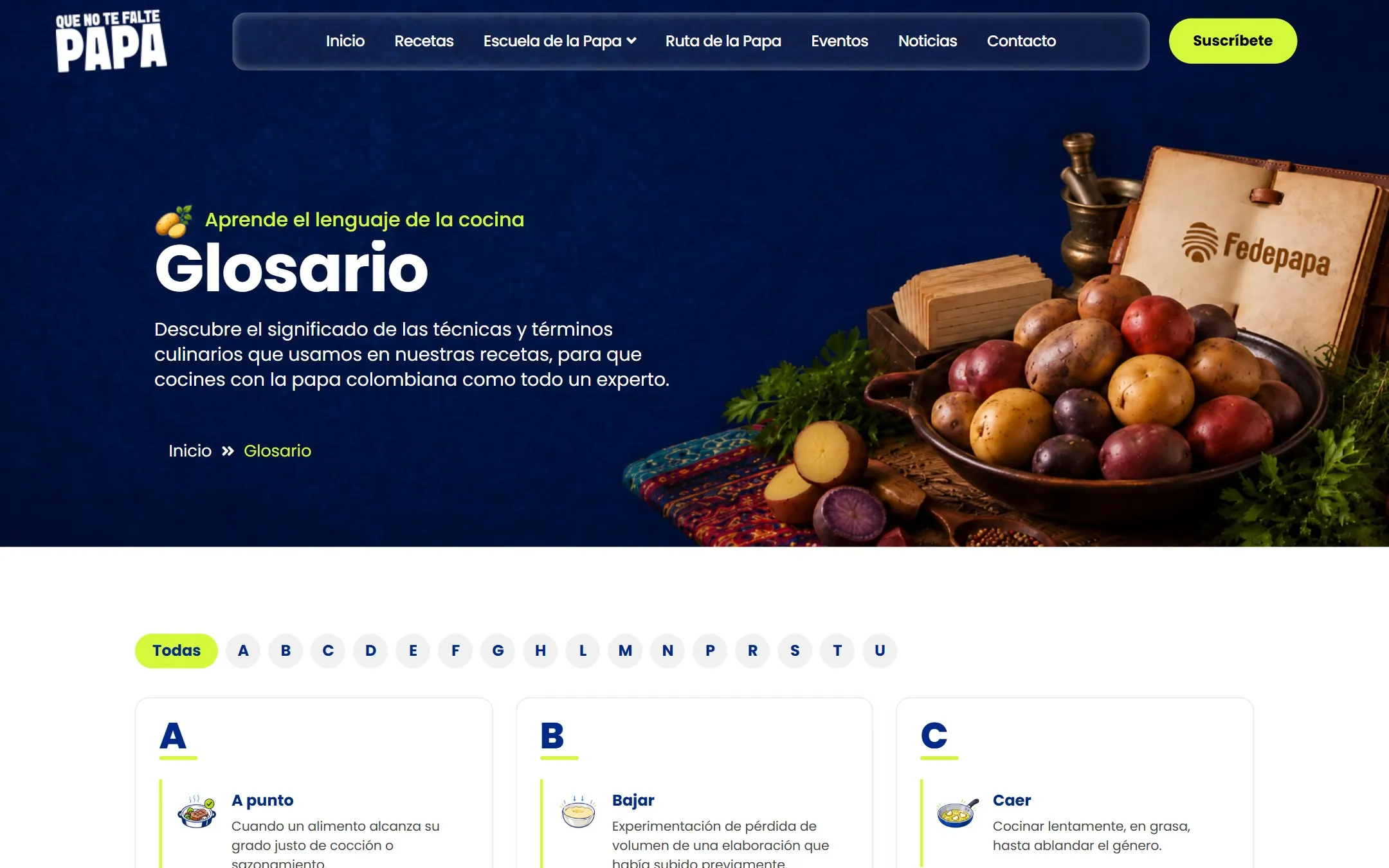 Glosario de cocina con términos de la A a la Z