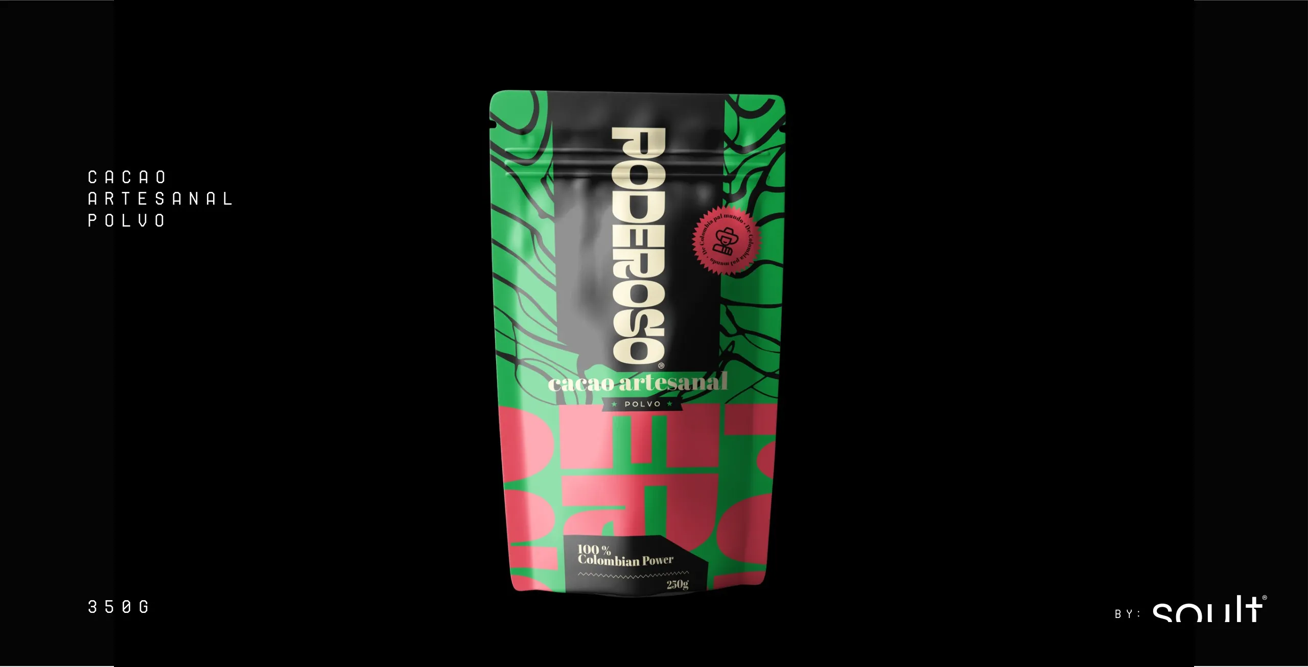 Bolsa de cacao artesanal en polvo de 350 g con estampado verde y rojo