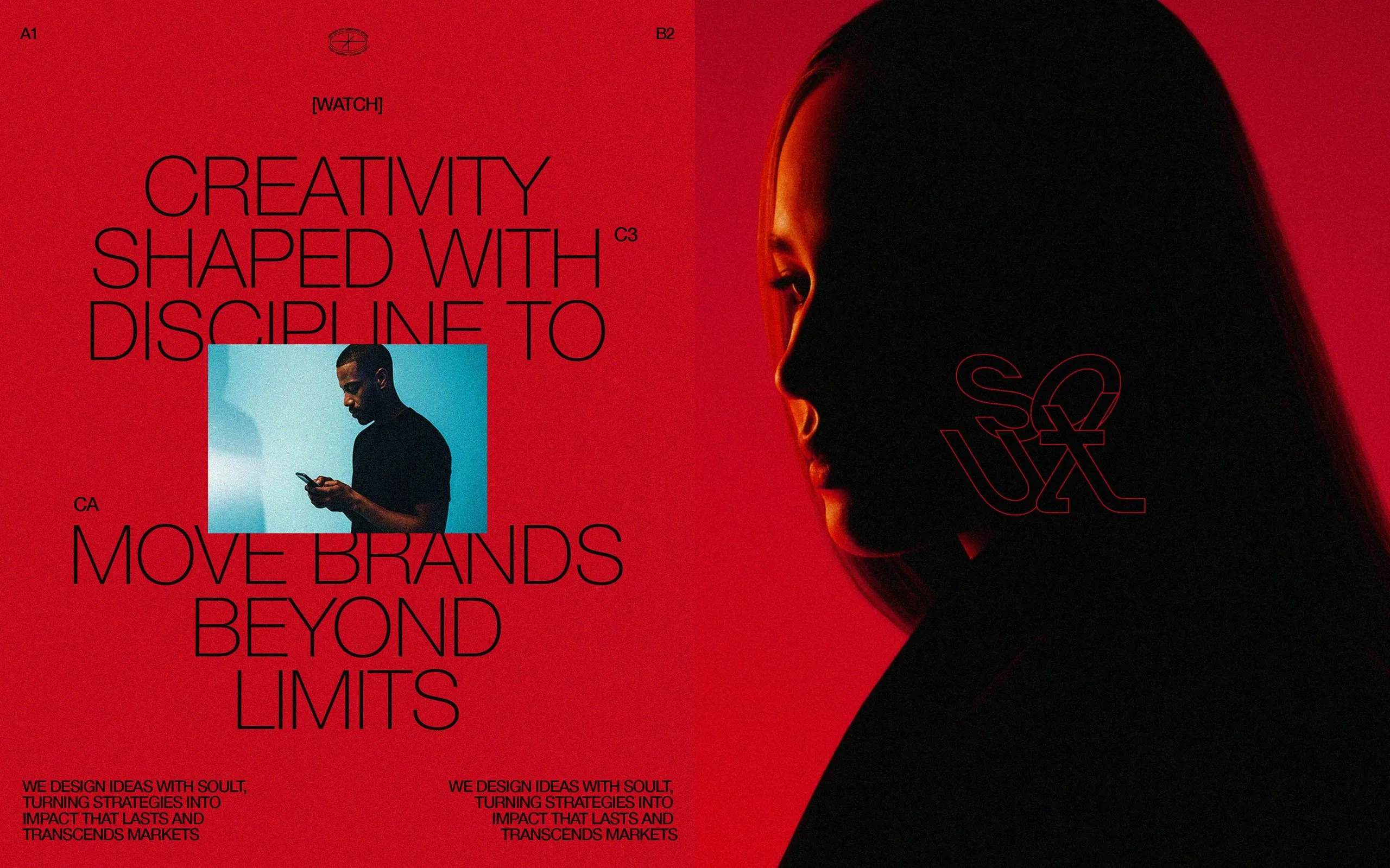 Afiche rojo con el mensaje Creativity shaped with discipline to move brands beyond limits y el perfil de una mujer
