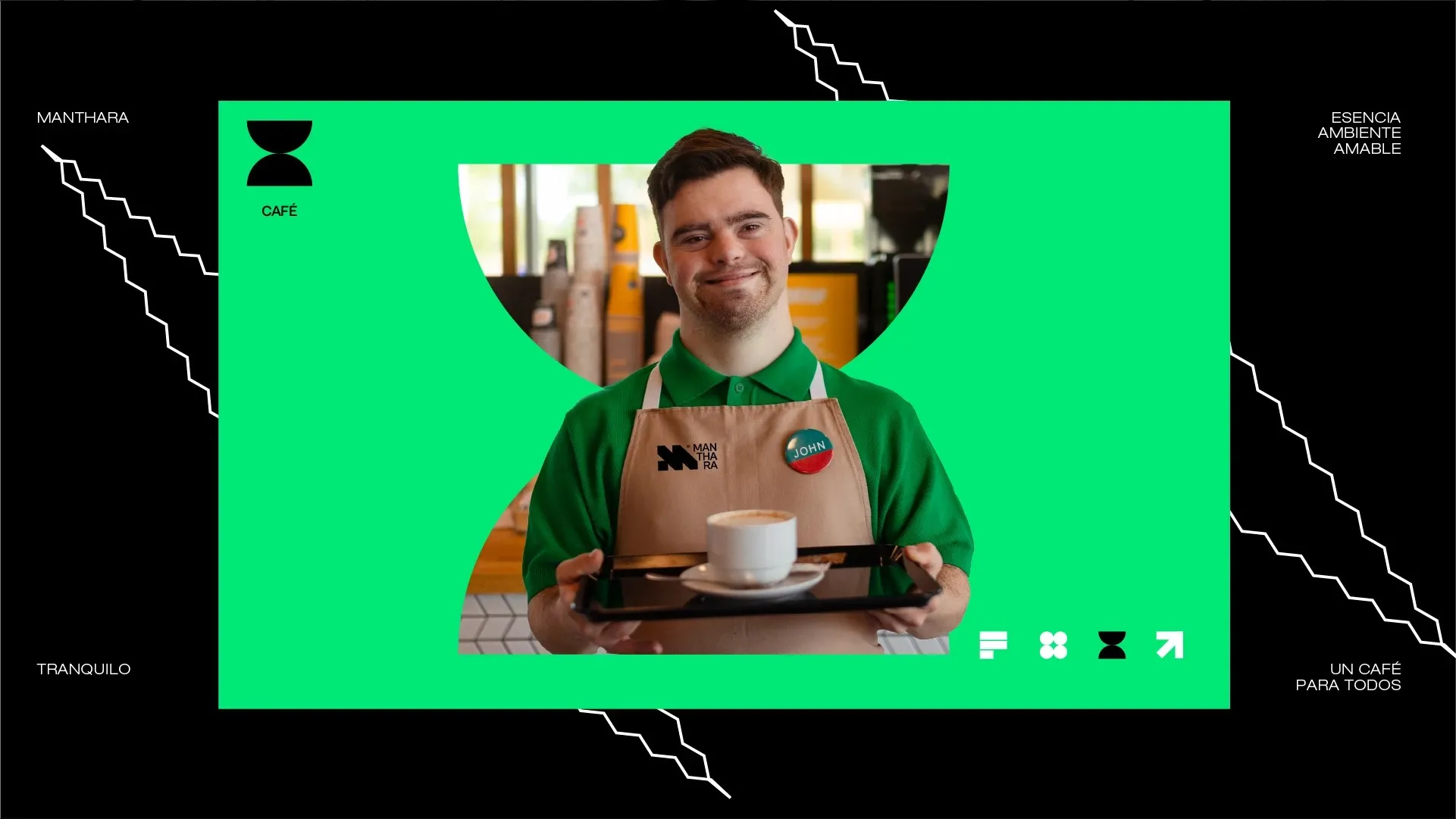 Pieza de Café en verde con un mesero que sonríe con una bandeja
