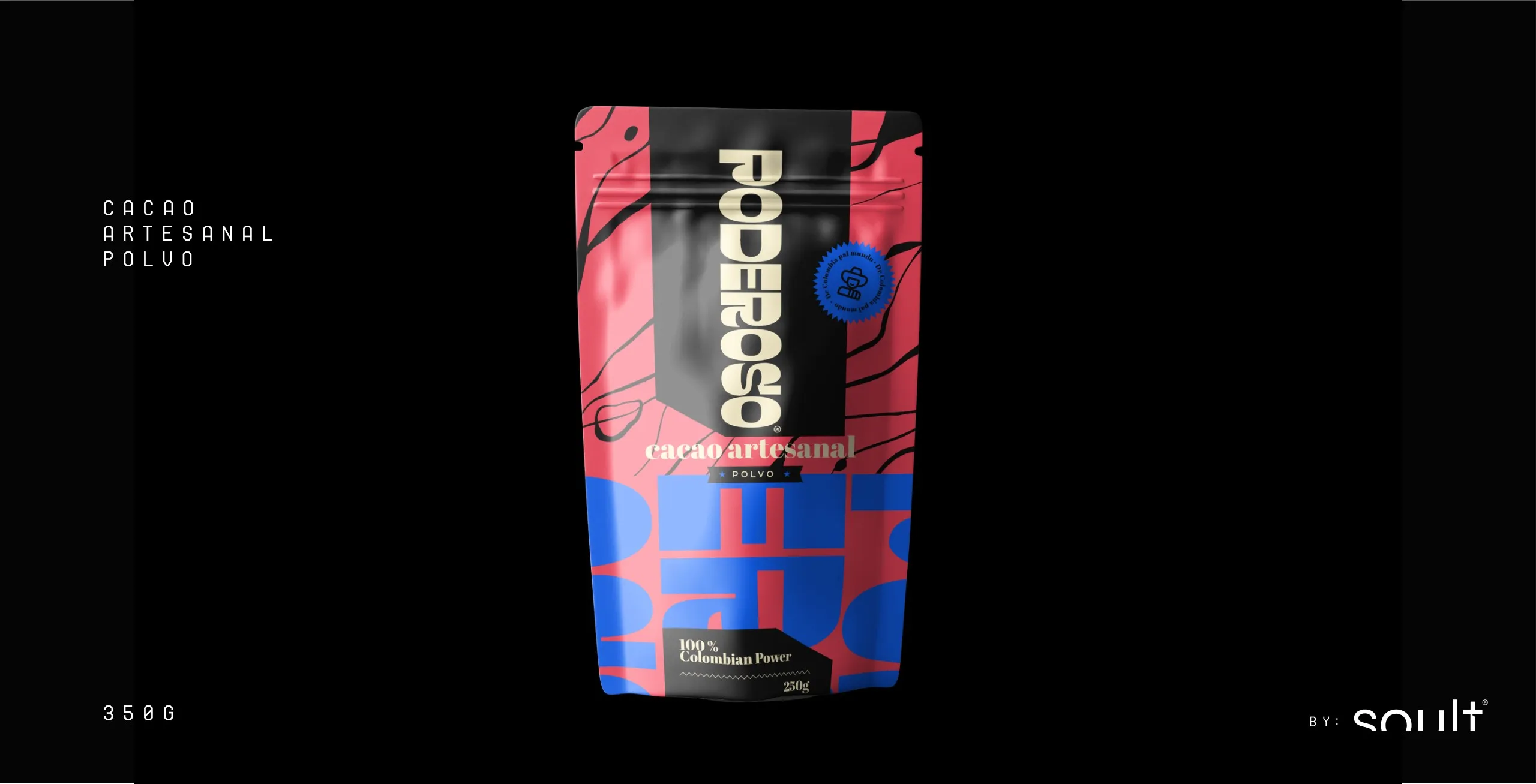 Bolsa de cacao artesanal en polvo de 350 g con estampado rojo y azul