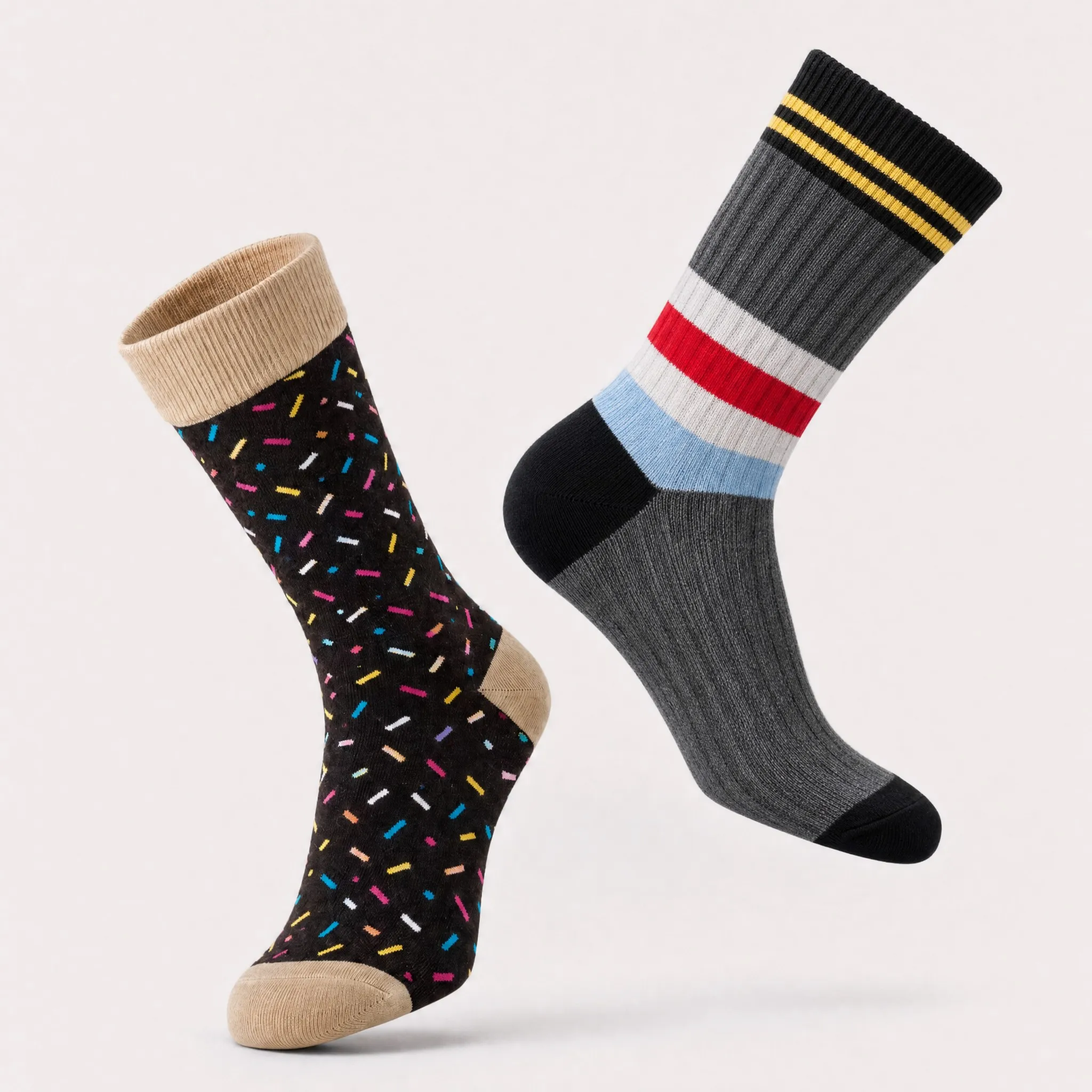 Par de medias Giraffe, una con chispas de colores y otra con rayas, sobre fondo claro