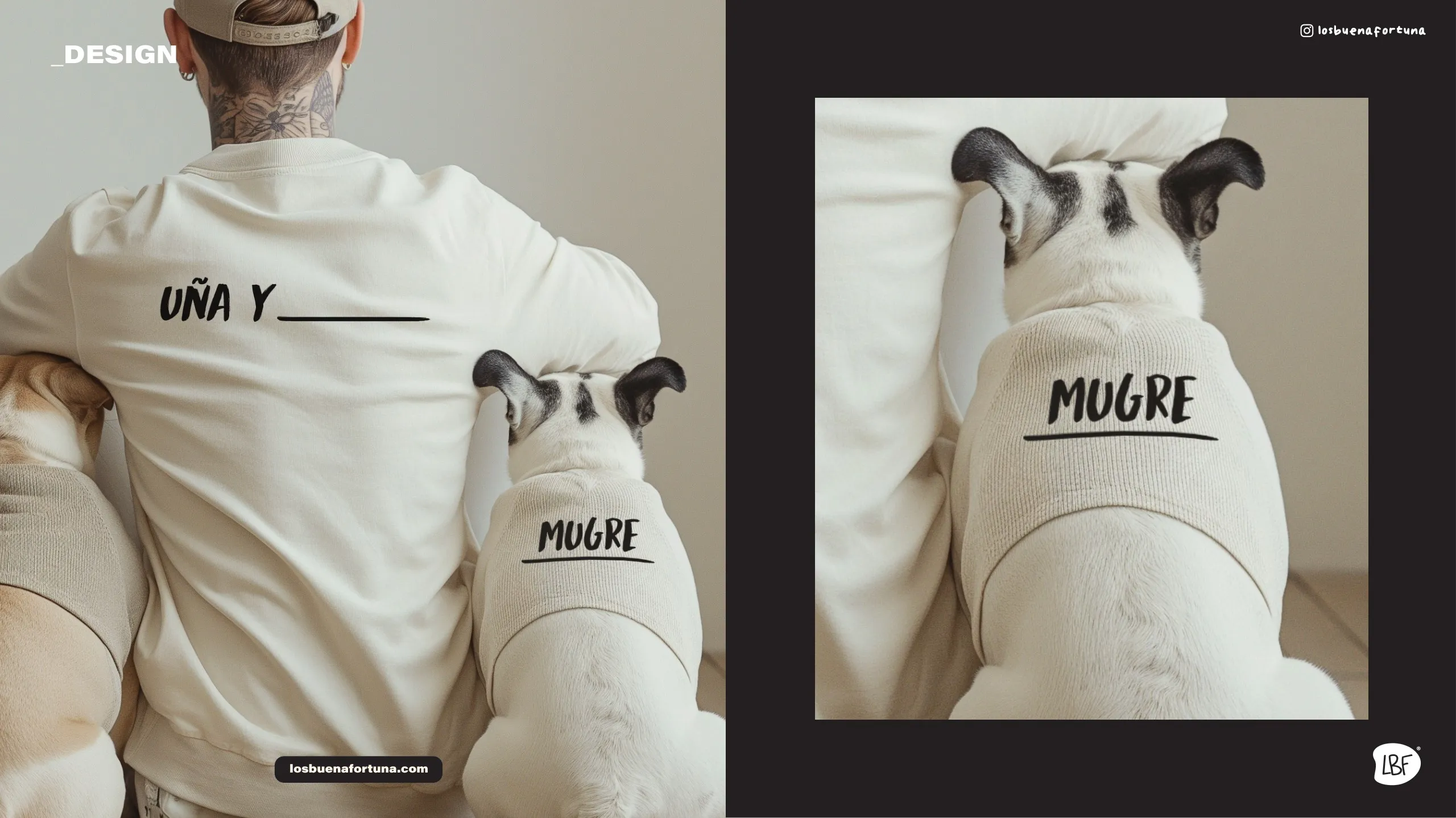 Persona de espalda con la camiseta Uña y junto a su bulldog francés con la camiseta Mugre