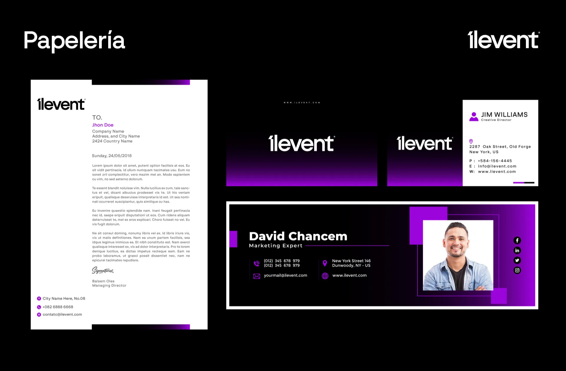 Papelería de Ilevent: carta, tarjeta de presentación y sobre